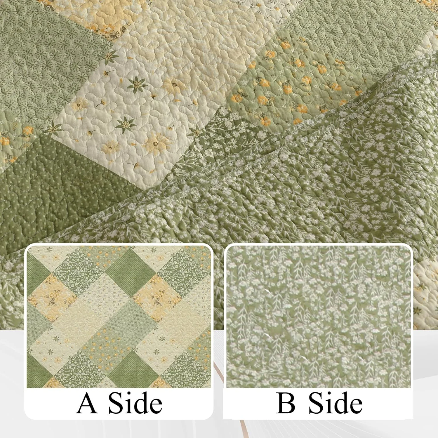 روتختی کینگ سایز بزرگ Finlonte، ابعاد 305x300 سانتی متر - روتختی لحافی گلدار قدیمی پنبه 100٪، لحاف تکه دوزی دو طرفه بسیار بزرگ با روبالشی برای تمام فصول، سبز/کرم سفید، 3 تکه