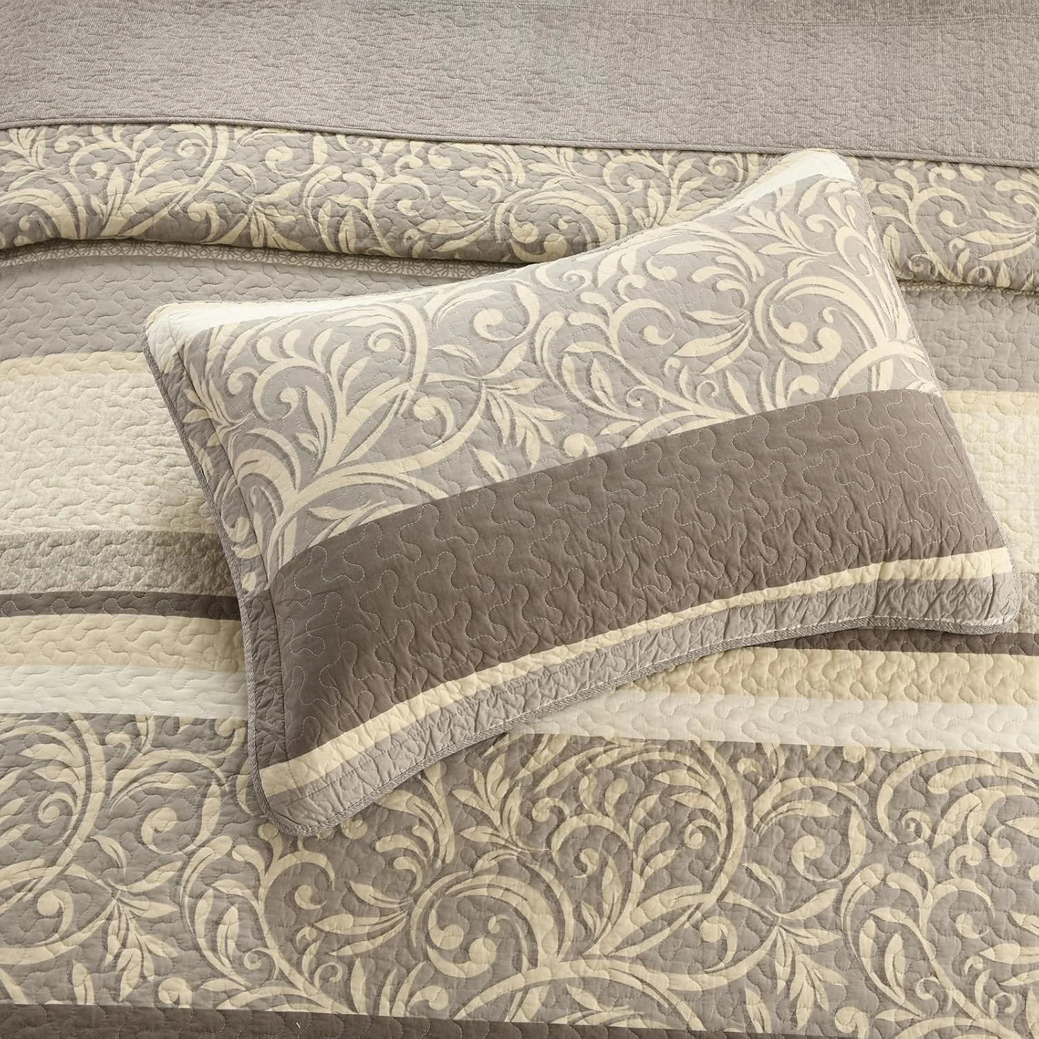 روتختی کینگ سایز بزرگ Finlonte، 325x305 سانتی متر - لحاف پنبه ای 100% فوق العاده بزرگ با 2 روبالشتی، روتختی راه راه طرح گیاهی مزرعه، ست کاورلت سبک وزن دو طرفه، قهوه ای مایل به خاکستری/قهوه ای/بژ، 3 تکه