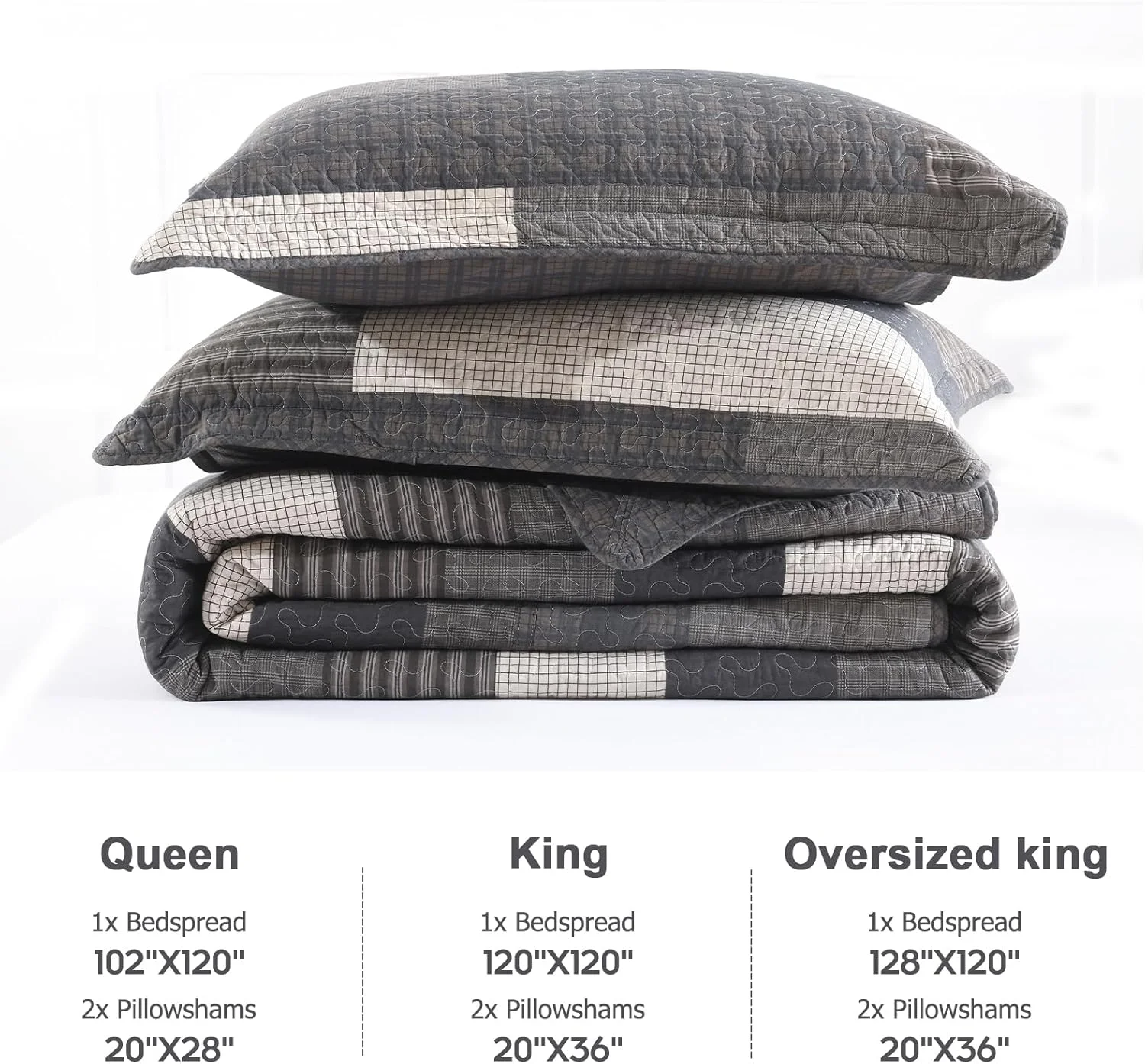 روتختی بزرگ فینلونته سایز 128"x120" - ست روتختی لحافی کینگ سایز کالیفرنیا، 100% پنبه ای و سبک وزن، لحاف بزرگ طرح راه راه مزرعه، خاکستری/قهوه ای/بژ، 3 تکه