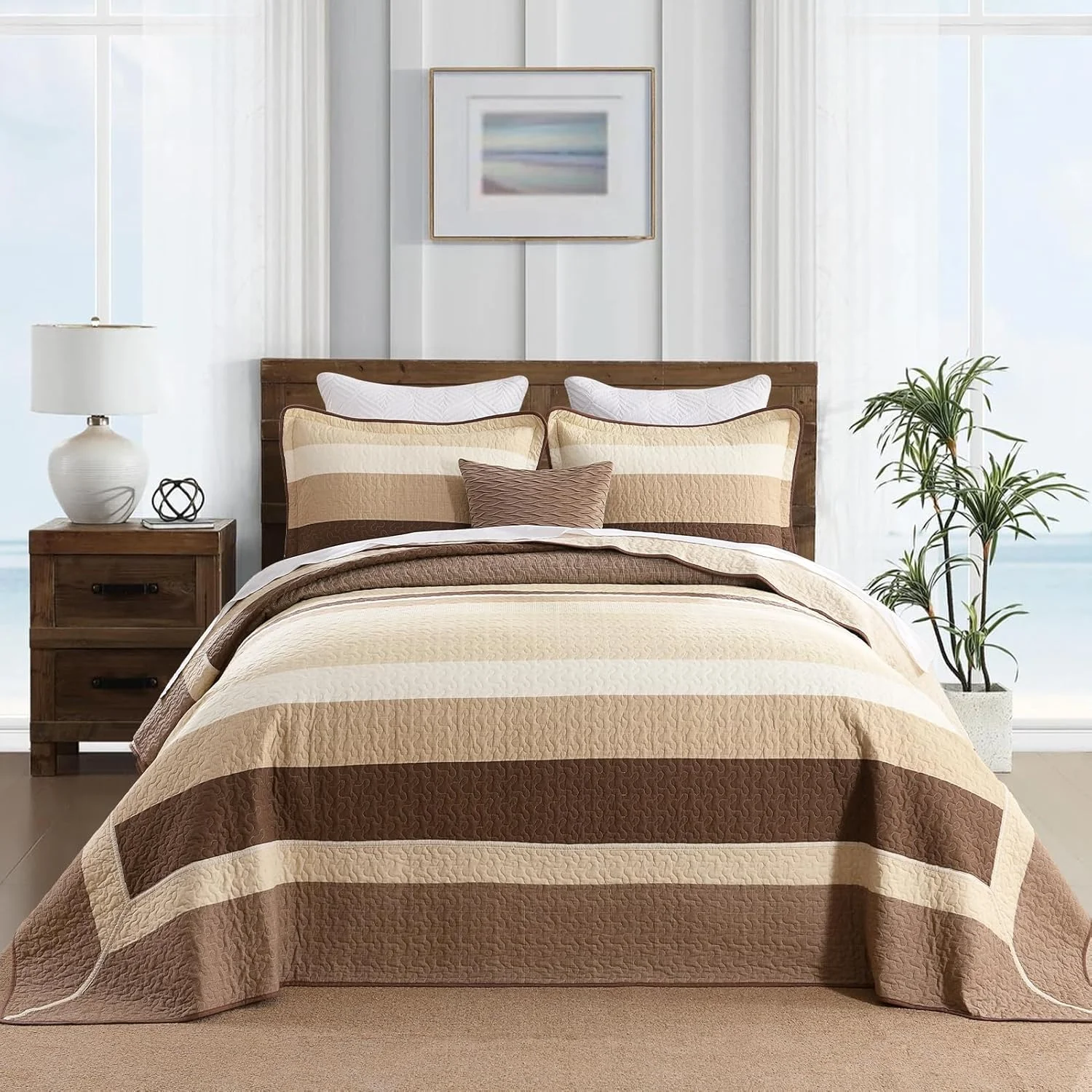 Finlonte 100% Cotton 120"x120" California King Bedspread, Cal Oversized King Bedspread Coverlet Extra Large Quilt Set, Stripe Farmhouse Quilted Bed Spread Lightweight Comforter, Brown/Beige, 3 pcs