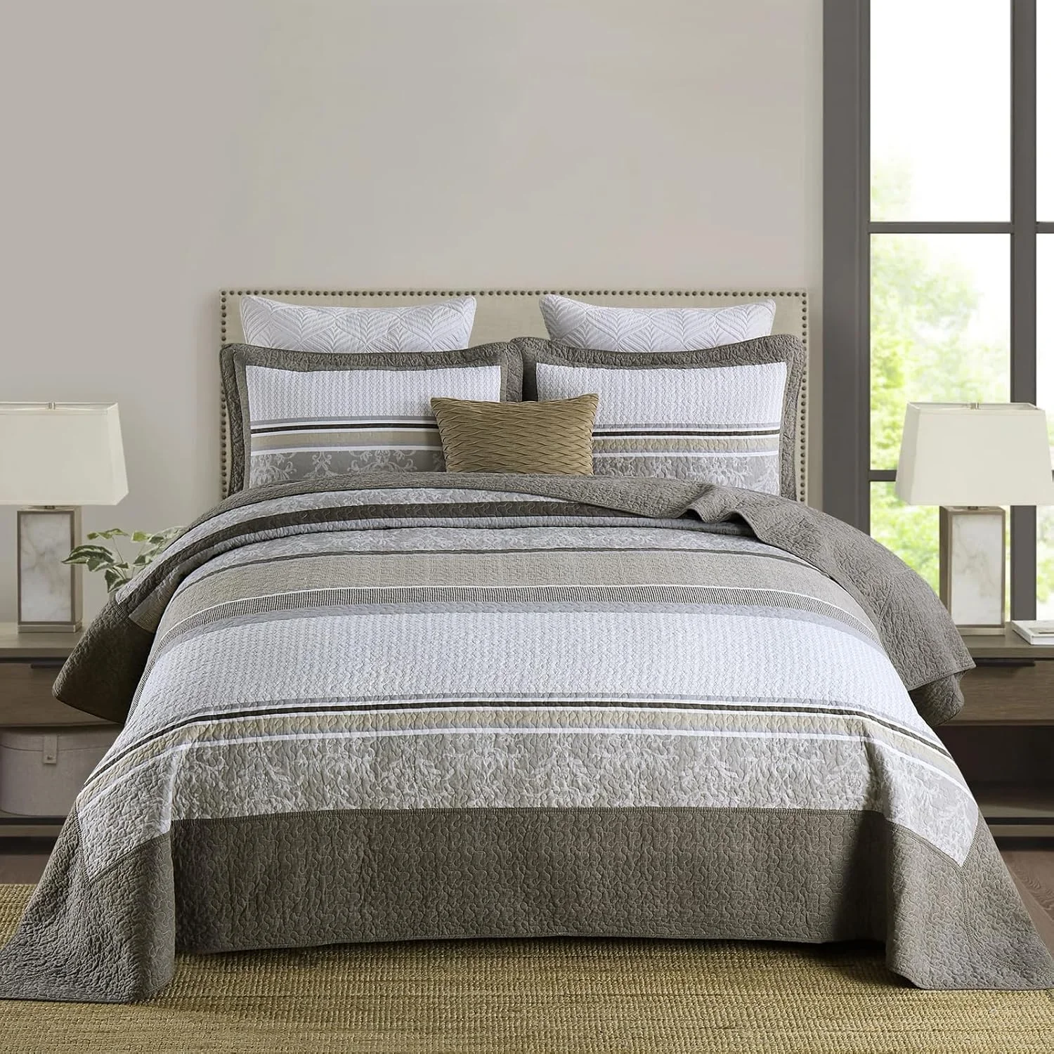 Finlonte 100% Cotton 120"x128" Oversized California King Bedspread - Farmhouse Striped Floral Bedspreads Coverlet Set, Lightweight Reversible Oversized King Quilt All Season, Brown/Gray/Beige, 3 Pcs