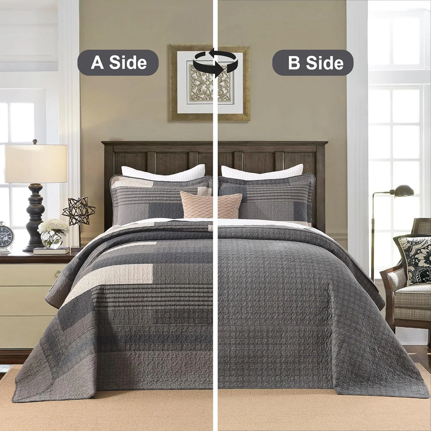 روتختی بزرگ فینلونته سایز 128"x120" - ست روتختی لحافی کینگ سایز کالیفرنیا، 100% پنبه ای و سبک وزن، لحاف بزرگ طرح راه راه مزرعه، خاکستری/قهوه ای/بژ، 3 تکه