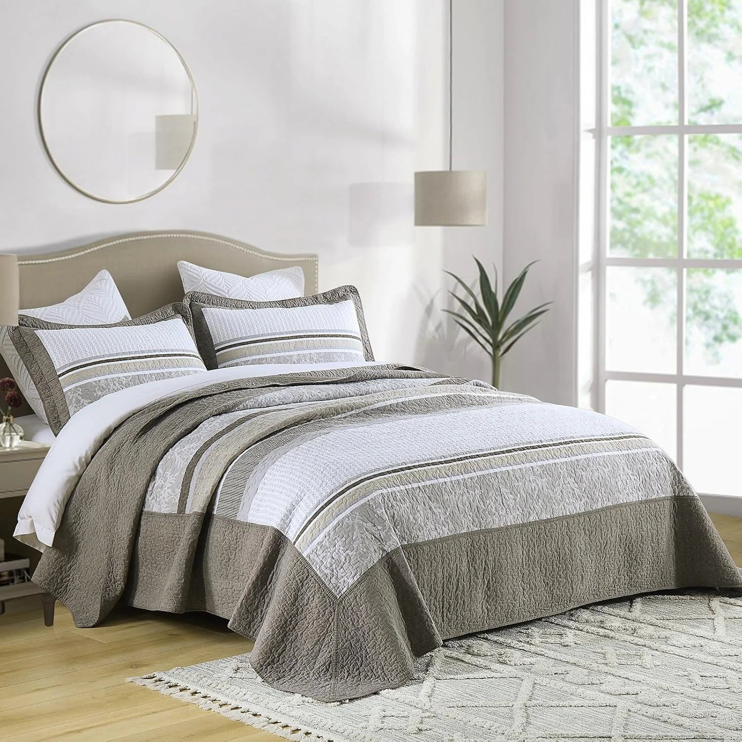 Finlonte 100% Cotton 120"x128" Oversized California King Bedspread - Farmhouse Striped Floral Bedspreads Coverlet Set, Lightweight Reversible Oversized King Quilt All Season, Brown/Gray/Beige, 3 Pcs