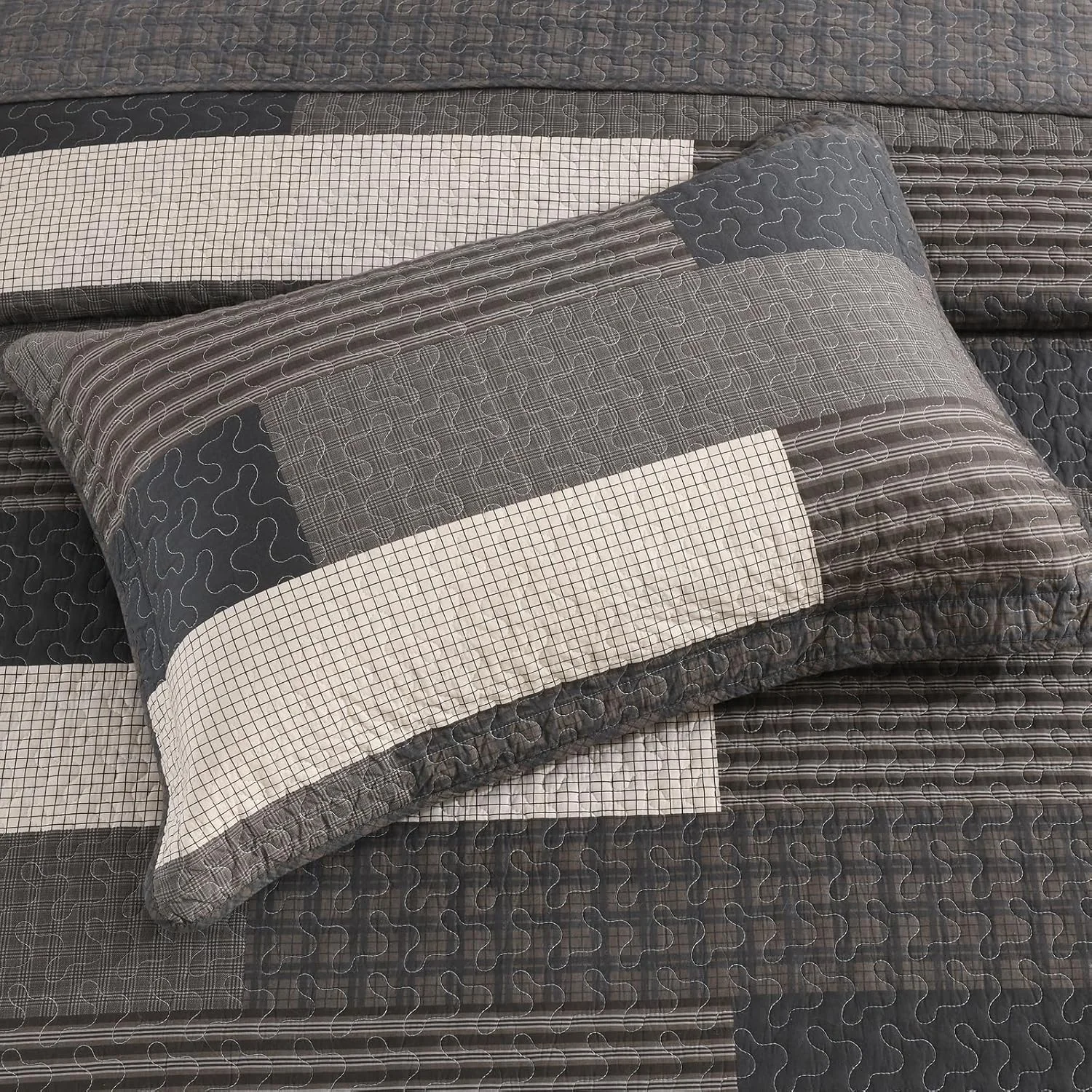 روتختی بزرگ فینلونته سایز 128"x120" - ست روتختی لحافی کینگ سایز کالیفرنیا، 100% پنبه ای و سبک وزن، لحاف بزرگ طرح راه راه مزرعه، خاکستری/قهوه ای/بژ، 3 تکه