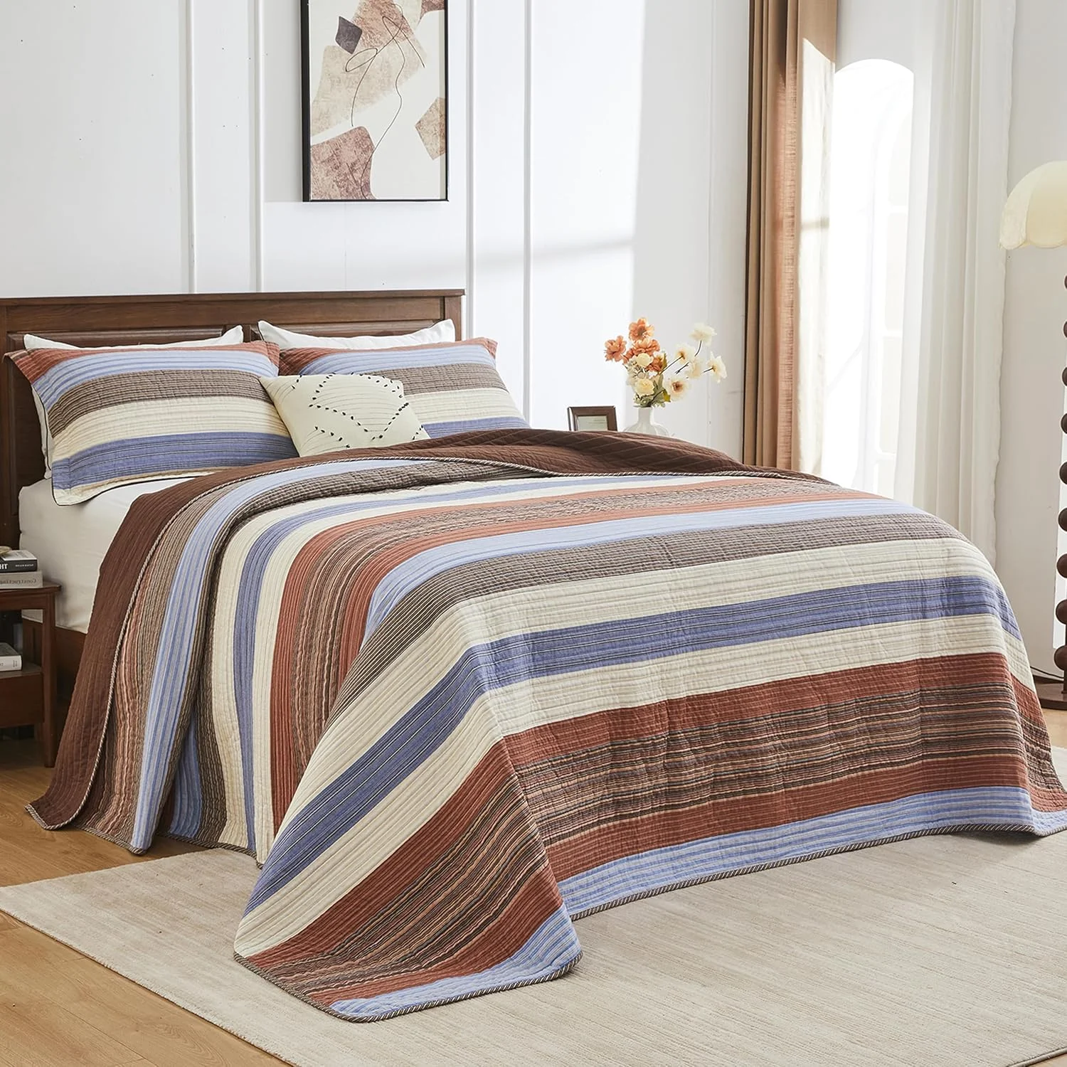 Finlonte Oversized King Bedspread - 3 Piece Extra Large Super King Quilt Set - Striped Lightweight Reversible Quilted Coverlet - Modern Casual Bedding - Includes 1 Bedspread (128x120) & 2 Pillow Shams