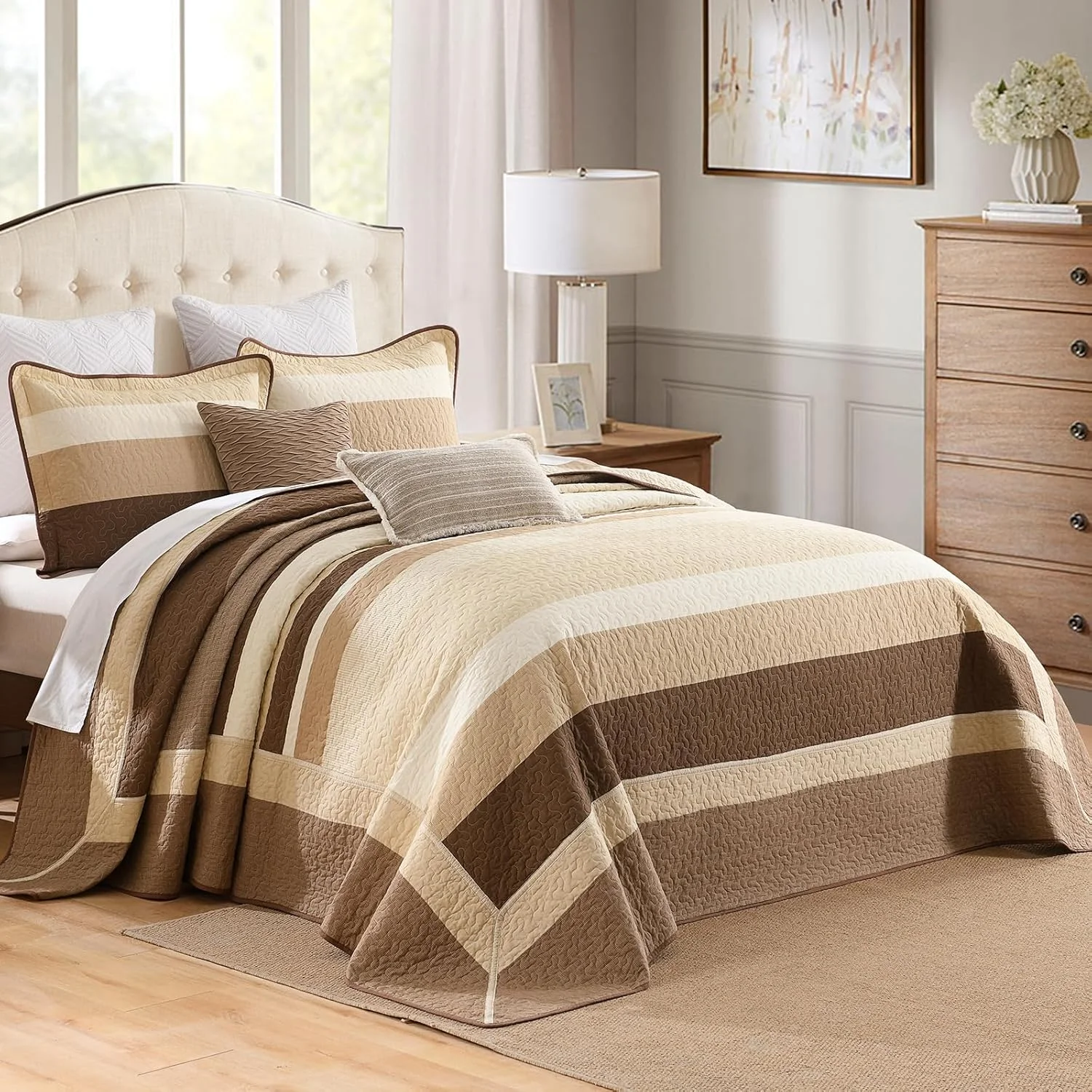 Finlonte 100% Cotton 120"x120" California King Bedspread, Cal Oversized King Bedspread Coverlet Extra Large Quilt Set, Stripe Farmhouse Quilted Bed Spread Lightweight Comforter, Brown/Beige, 3 pcs