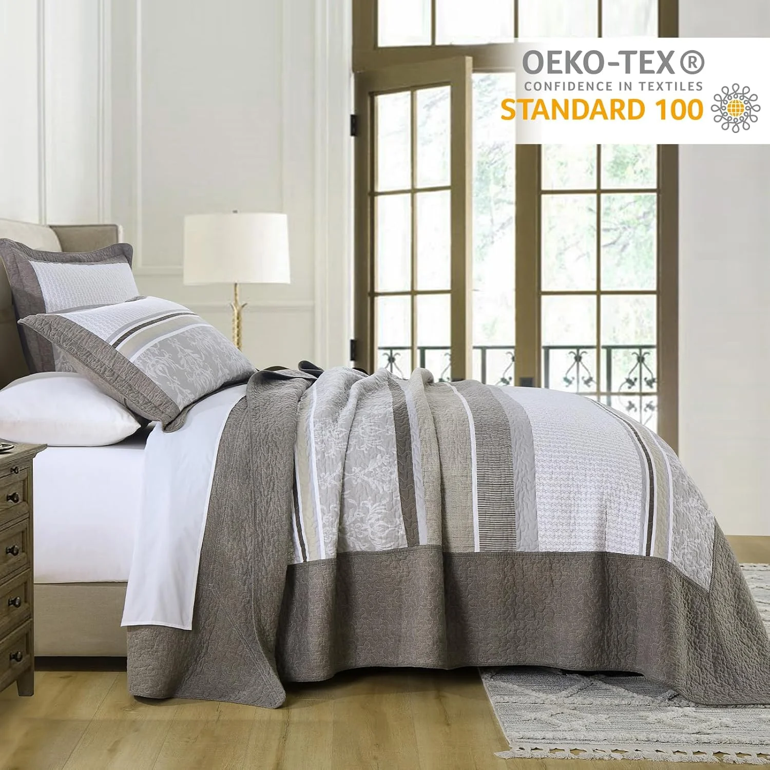 Finlonte 100% Cotton 120"x128" Oversized California King Bedspread - Farmhouse Striped Floral Bedspreads Coverlet Set, Lightweight Reversible Oversized King Quilt All Season, Brown/Gray/Beige, 3 Pcs