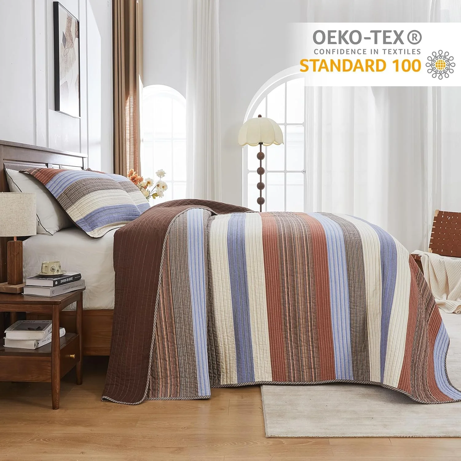 Finlonte Oversized King Bedspread - 3 Piece Extra Large Super King Quilt Set - Striped Lightweight Reversible Quilted Coverlet - Modern Casual Bedding - Includes 1 Bedspread (128x120) & 2 Pillow Shams