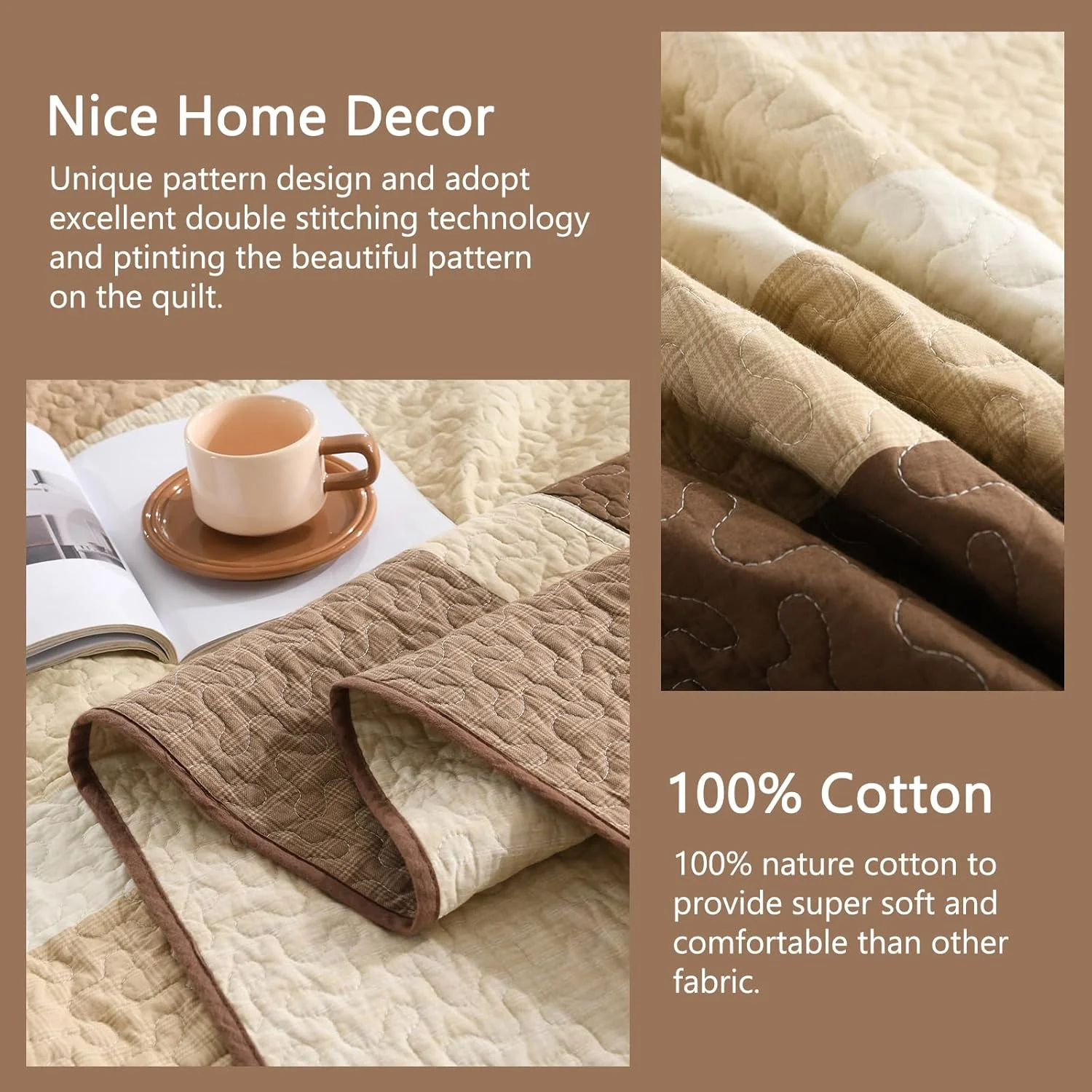 Finlonte 100% Cotton 120"x120" California King Bedspread, Cal Oversized King Bedspread Coverlet Extra Large Quilt Set, Stripe Farmhouse Quilted Bed Spread Lightweight Comforter, Brown/Beige, 3 pcs