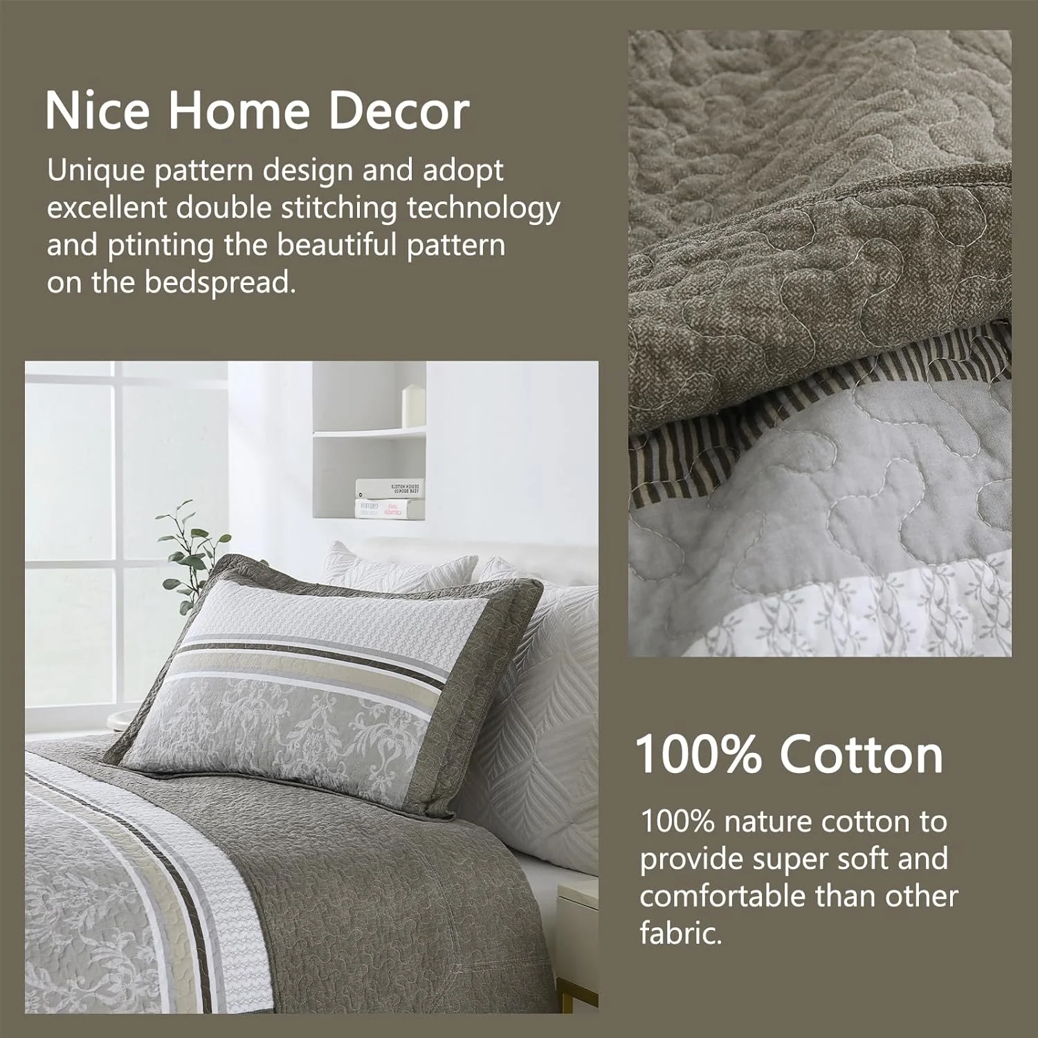 Finlonte 100% Cotton 120"x128" Oversized California King Bedspread - Farmhouse Striped Floral Bedspreads Coverlet Set, Lightweight Reversible Oversized King Quilt All Season, Brown/Gray/Beige, 3 Pcs