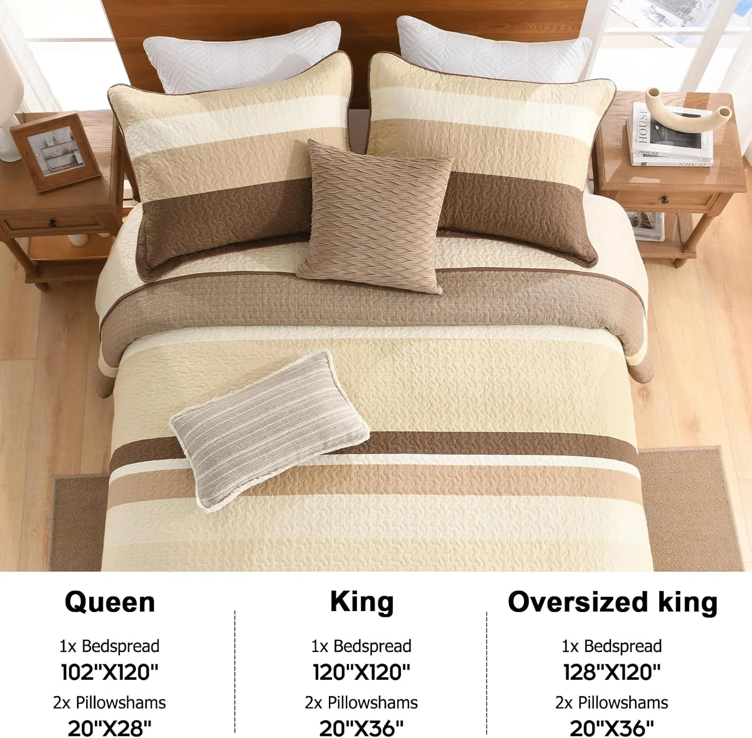 Finlonte 100% Cotton 120"x120" California King Bedspread, Cal Oversized King Bedspread Coverlet Extra Large Quilt Set, Stripe Farmhouse Quilted Bed Spread Lightweight Comforter, Brown/Beige, 3 pcs