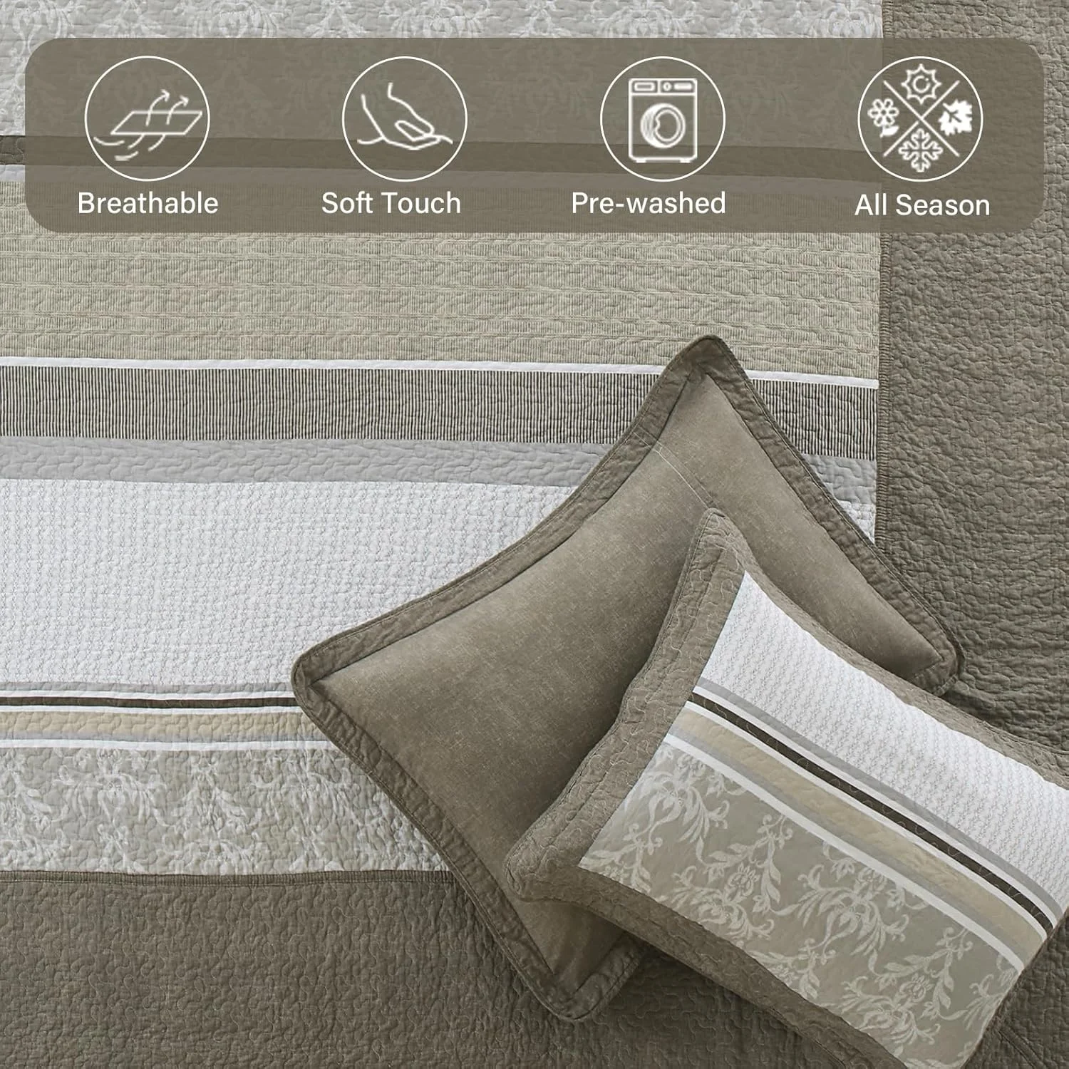 Finlonte 100% Cotton 120"x128" Oversized California King Bedspread - Farmhouse Striped Floral Bedspreads Coverlet Set, Lightweight Reversible Oversized King Quilt All Season, Brown/Gray/Beige, 3 Pcs