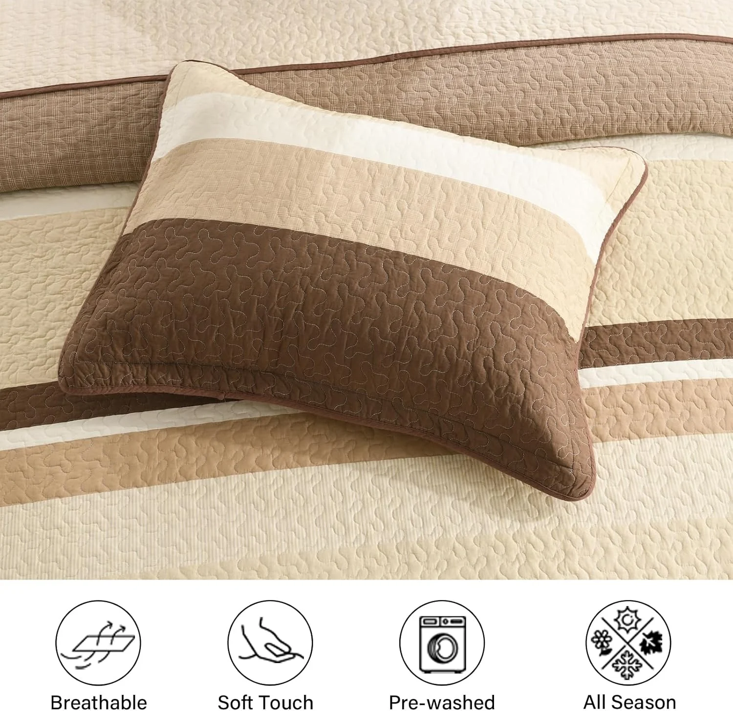 Finlonte 100% Cotton 120"x120" California King Bedspread, Cal Oversized King Bedspread Coverlet Extra Large Quilt Set, Stripe Farmhouse Quilted Bed Spread Lightweight Comforter, Brown/Beige, 3 pcs