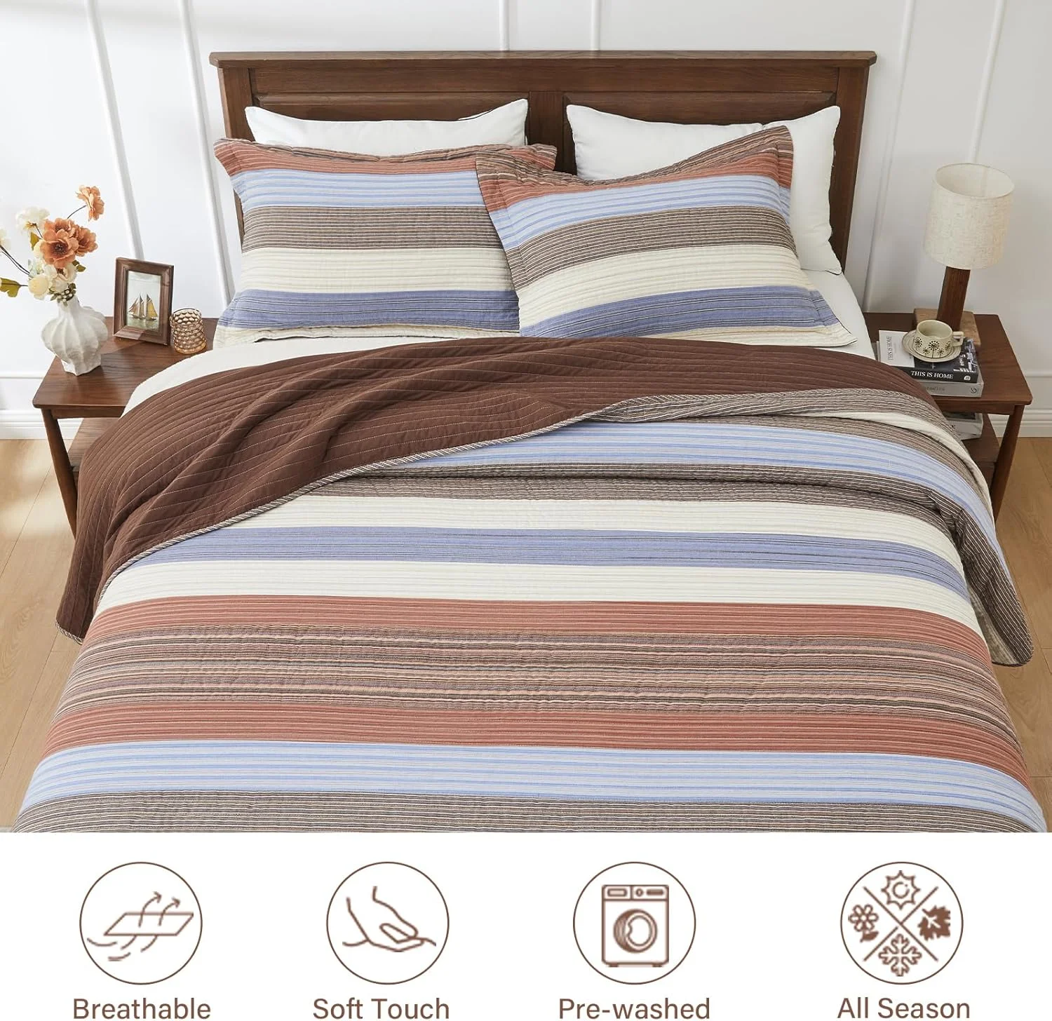 Finlonte Oversized King Bedspread - 3 Piece Extra Large Super King Quilt Set - Striped Lightweight Reversible Quilted Coverlet - Modern Casual Bedding - Includes 1 Bedspread (128x120) & 2 Pillow Shams