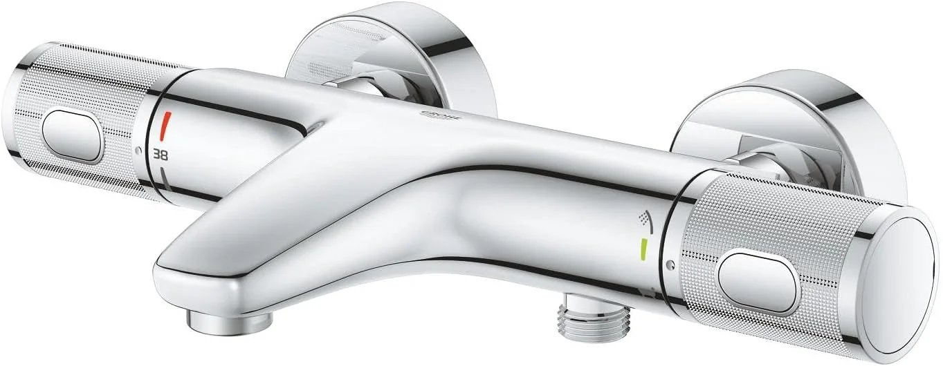 GROHE Precision Feel – ترموستاتیک روکار دیواری حمام CoolTouch (تغییر مسیر حمام/دوش، دستگیره آجدار، دکمه ایمنی در 38 درجه سانتیگراد، دکمه اقتصادی، صفحه فلزی)، اندازه 313 x 173 میلی متر، کروم، 34788000