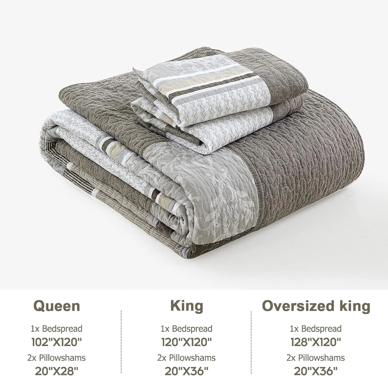 Finlonte 100% Cotton 120"x128" Oversized California King Bedspread - Farmhouse Striped Floral Bedspreads Coverlet Set, Lightweight Reversible Oversized King Quilt All Season, Brown/Gray/Beige, 3 Pcs