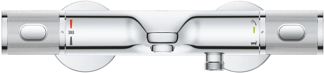 GROHE Precision Feel – ترموستاتیک روکار دیواری حمام CoolTouch (تغییر مسیر حمام/دوش، دستگیره آجدار، دکمه ایمنی در 38 درجه سانتیگراد، دکمه اقتصادی، صفحه فلزی)، اندازه 313 x 173 میلی متر، کروم، 34788000