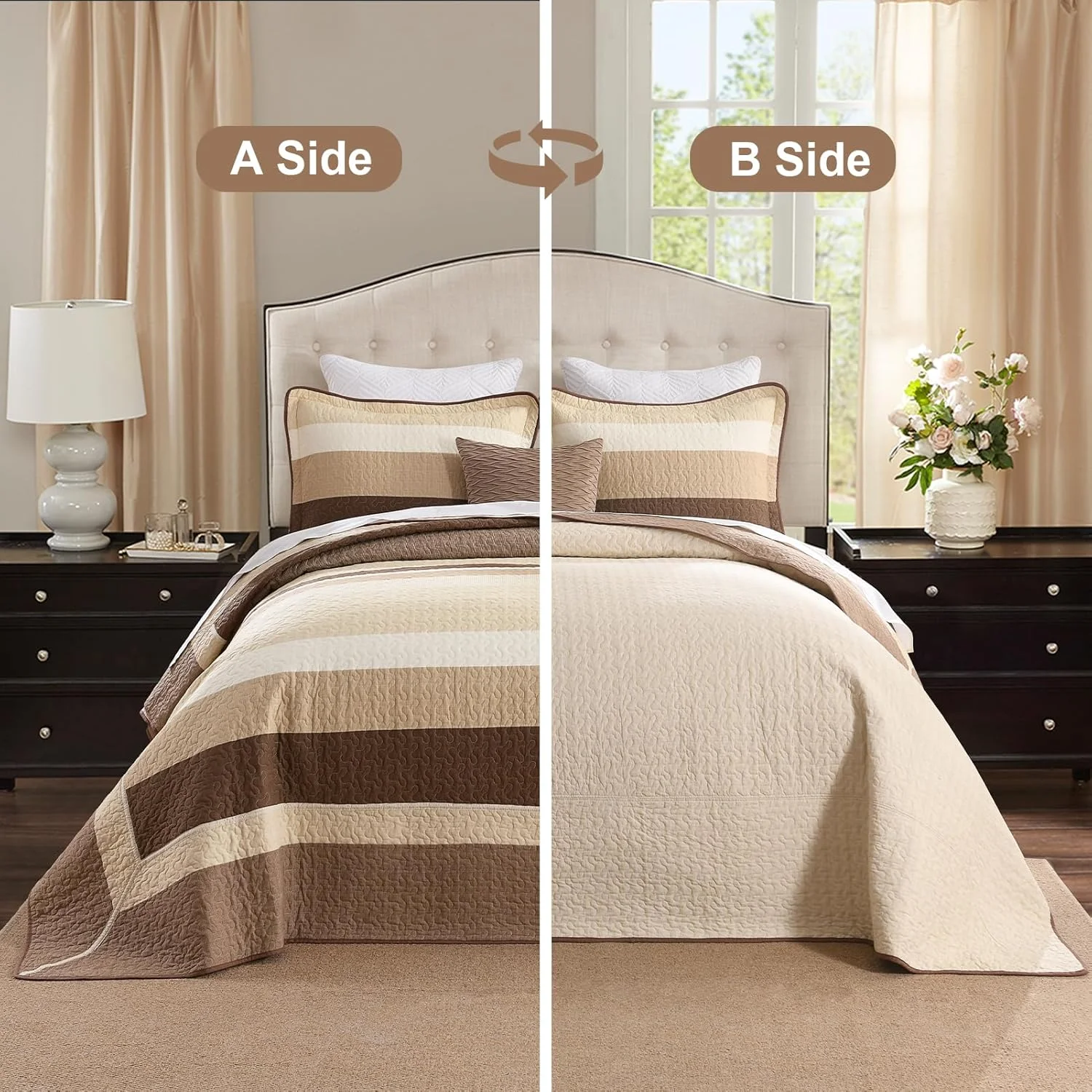 Finlonte 100% Cotton 120"x120" California King Bedspread, Cal Oversized King Bedspread Coverlet Extra Large Quilt Set, Stripe Farmhouse Quilted Bed Spread Lightweight Comforter, Brown/Beige, 3 pcs