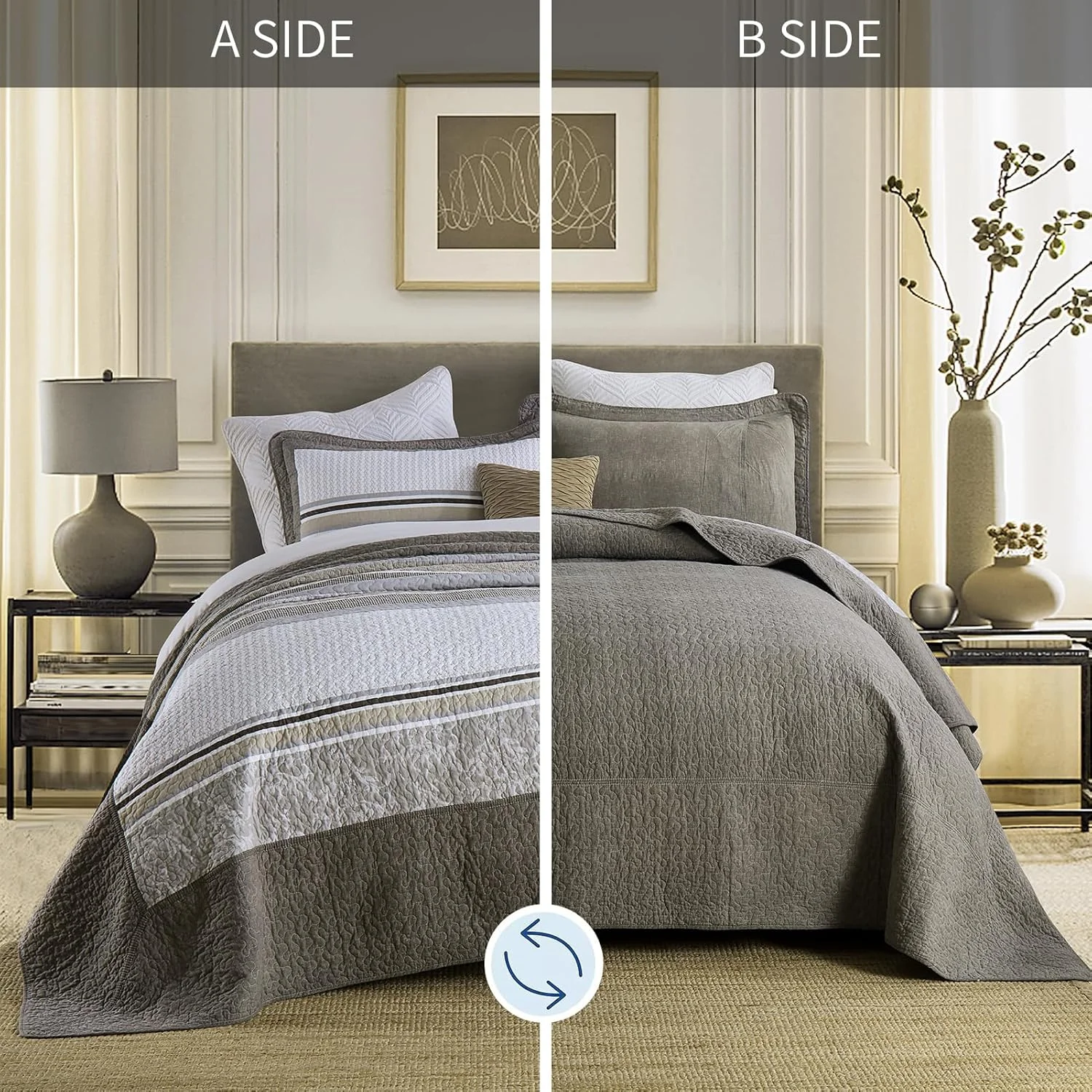 Finlonte 100% Cotton 120"x128" Oversized California King Bedspread - Farmhouse Striped Floral Bedspreads Coverlet Set, Lightweight Reversible Oversized King Quilt All Season, Brown/Gray/Beige, 3 Pcs