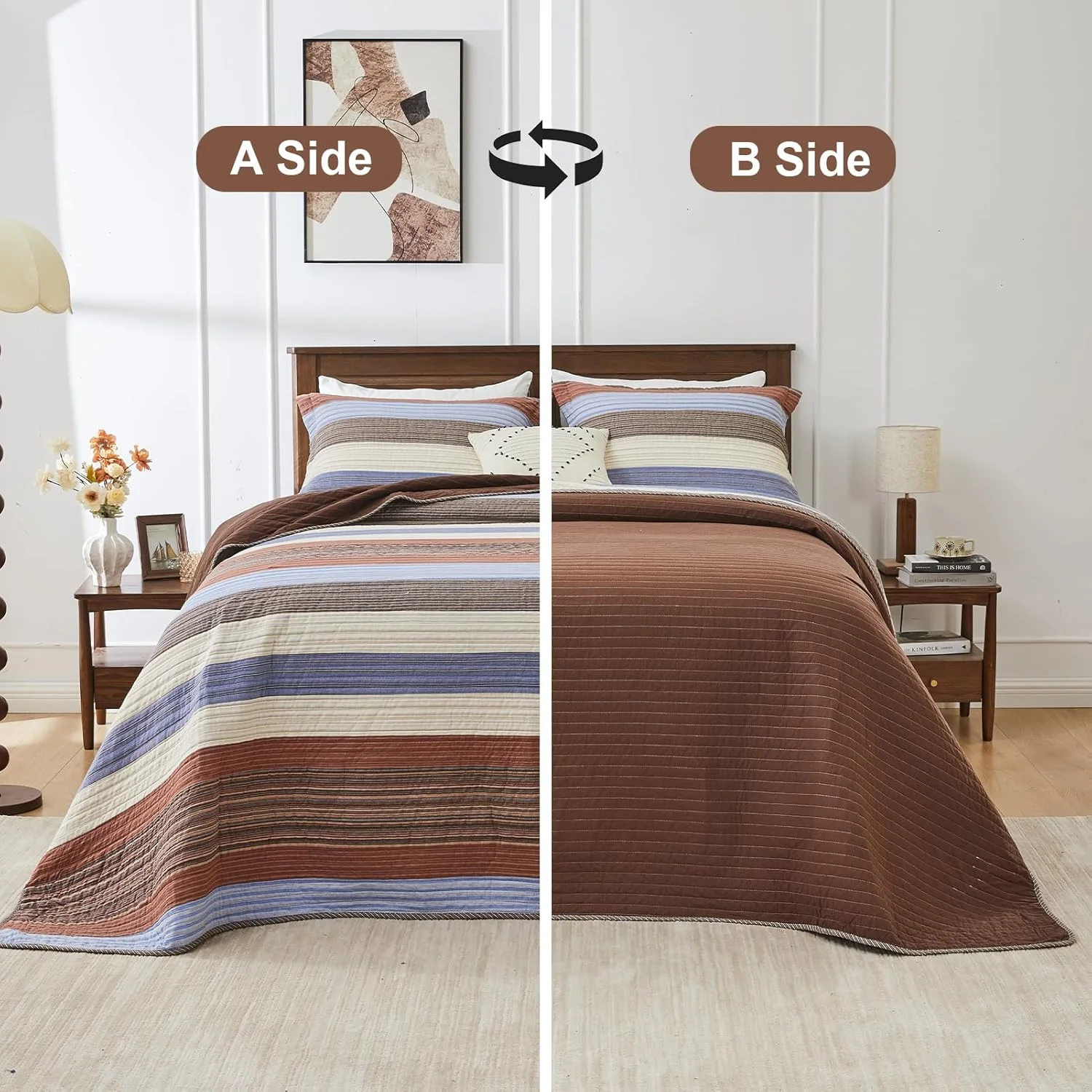 Finlonte Oversized King Bedspread - 3 Piece Extra Large Super King Quilt Set - Striped Lightweight Reversible Quilted Coverlet - Modern Casual Bedding - Includes 1 Bedspread (128x120) & 2 Pillow Shams
