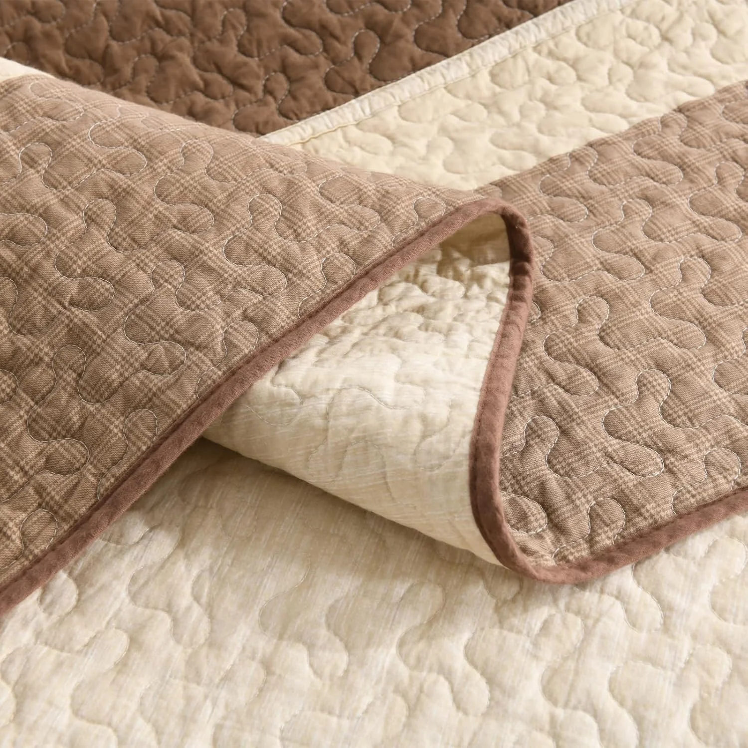 Finlonte 100% Cotton 120"x120" California King Bedspread, Cal Oversized King Bedspread Coverlet Extra Large Quilt Set, Stripe Farmhouse Quilted Bed Spread Lightweight Comforter, Brown/Beige, 3 pcs