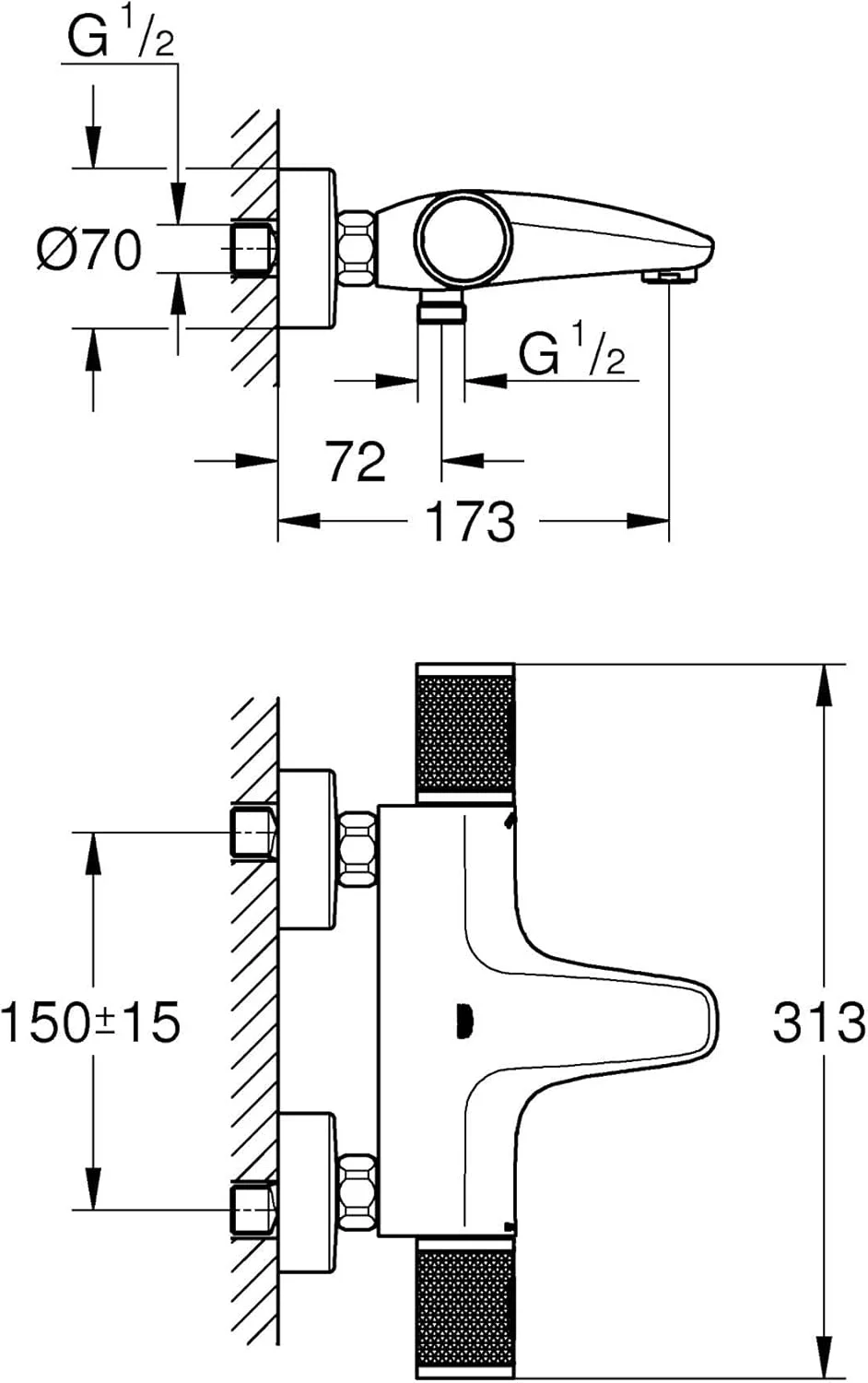 GROHE Precision Feel – ترموستاتیک روکار دیواری حمام CoolTouch (تغییر مسیر حمام/دوش، دستگیره آجدار، دکمه ایمنی در 38 درجه سانتیگراد، دکمه اقتصادی، صفحه فلزی)، اندازه 313 x 173 میلی متر، کروم، 34788000