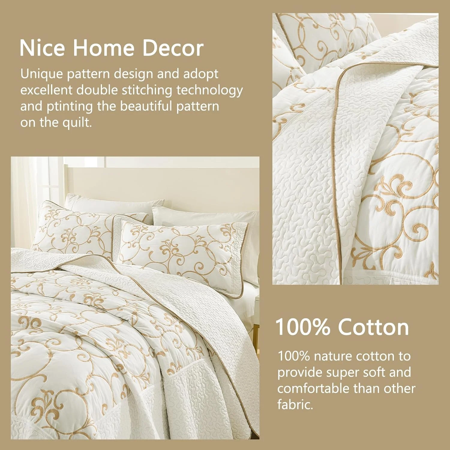 روتختی کینگ سایز بزرگ Finlonte، 325x305 سانتی متر - روتختی لحافی کالیفرنیا کینگ با گلدوزی 100% پنبه ای طرح تاک، رو تختی کرم مایل به سفید (عاجی) طرح تاک طلایی، لحاف سبک وزن فوق العاده بزرگ به همراه 2 روبالشی