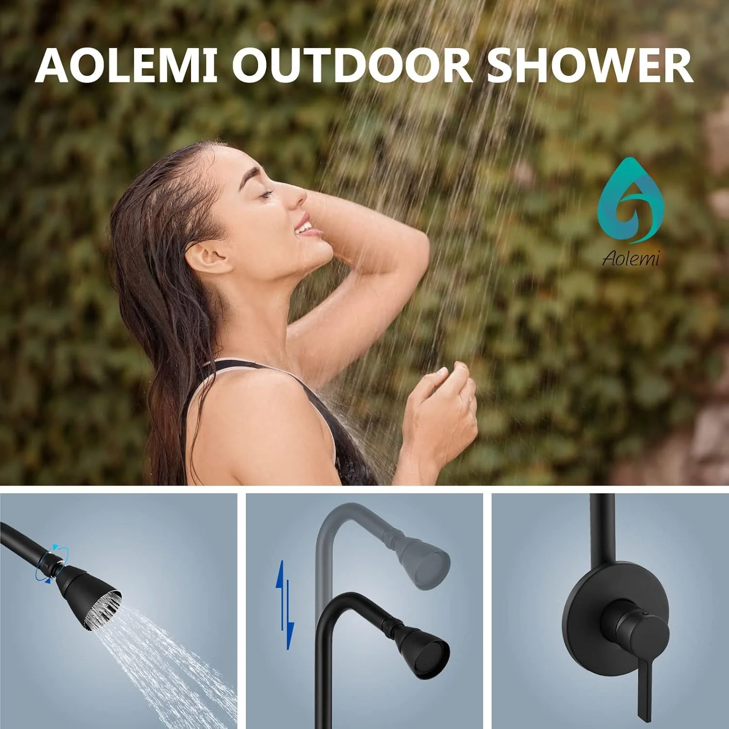 ست دوش فضای باز Aolemi، سیستم اتصالات دوش فضای باز با سر دوش فشار قوی، شیر دوش روکار فضای باز، تک دستگیره، مشکی مات ست دوش فضای باز Aolemi، سیستم اتصالات دوش فضای باز با سر دوش فشار قوی، شیر دوش روکار فضای باز، تک دستگیره، مشکی مات