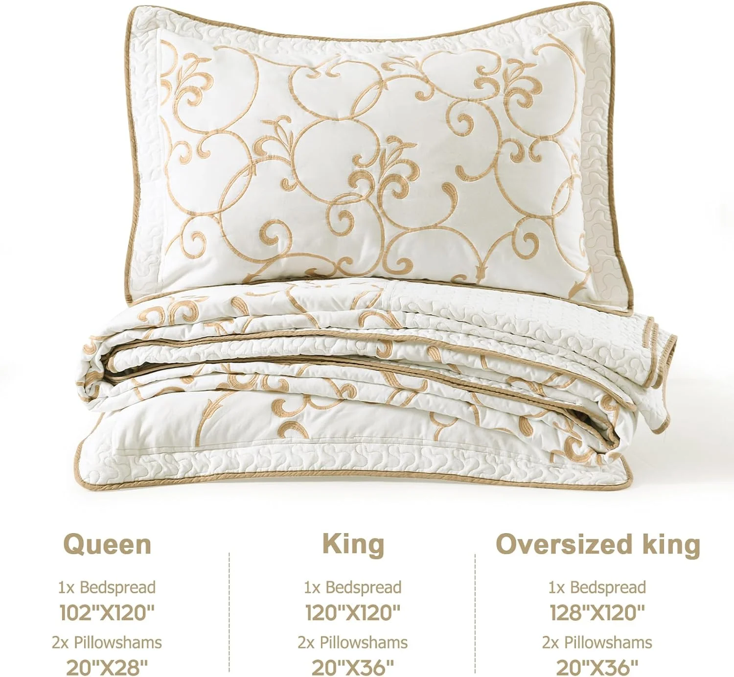 روتختی کینگ سایز بزرگ Finlonte، 325x305 سانتی متر - روتختی لحافی کالیفرنیا کینگ با گلدوزی 100% پنبه ای طرح تاک، رو تختی کرم مایل به سفید (عاجی) طرح تاک طلایی، لحاف سبک وزن فوق العاده بزرگ به همراه 2 روبالشی