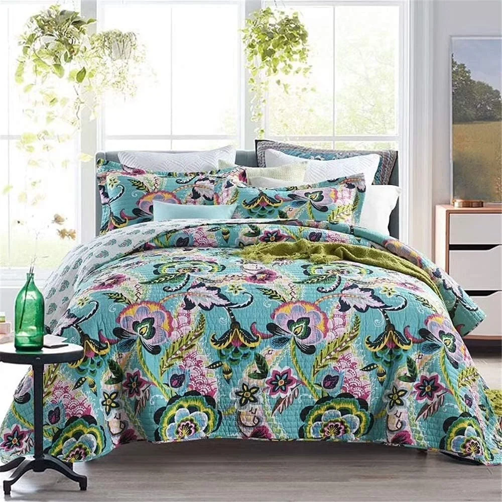ست روتختی طرح گل بهاری 3 تکه، لحاف پنبه ای شسته شده دو رو، رو تختی و روبالشتی سایز کینگ مناسب فصل تابستان