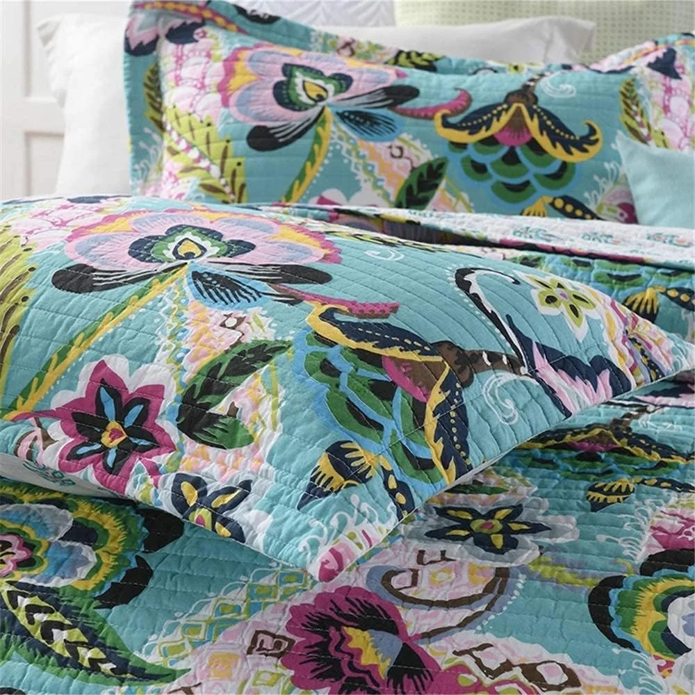 ست روتختی طرح گل بهاری 3 تکه، لحاف پنبه ای شسته شده دو رو، رو تختی و روبالشتی سایز کینگ مناسب فصل تابستان