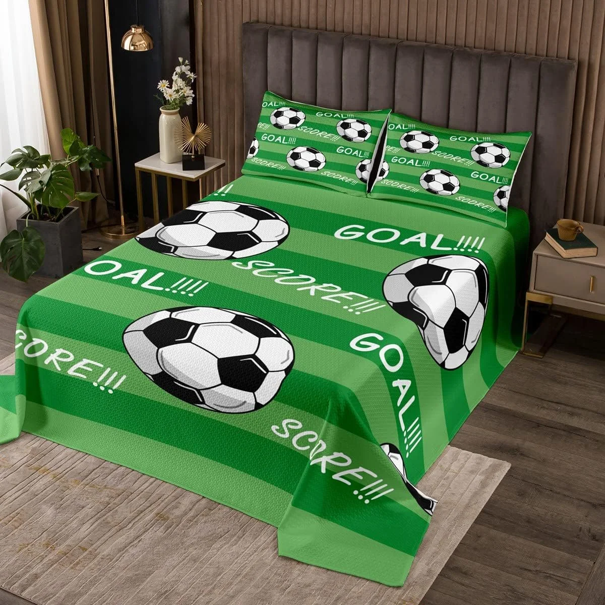 روتختی لحافی طرح فوتبال، دکوراسیون تم ورزشی کارتونی برای کودکان، رو تختی لحافی پسرانه طرح بازی توپی سبز، ست روتختی لحافی یک نفره با قابلیت تنفس
