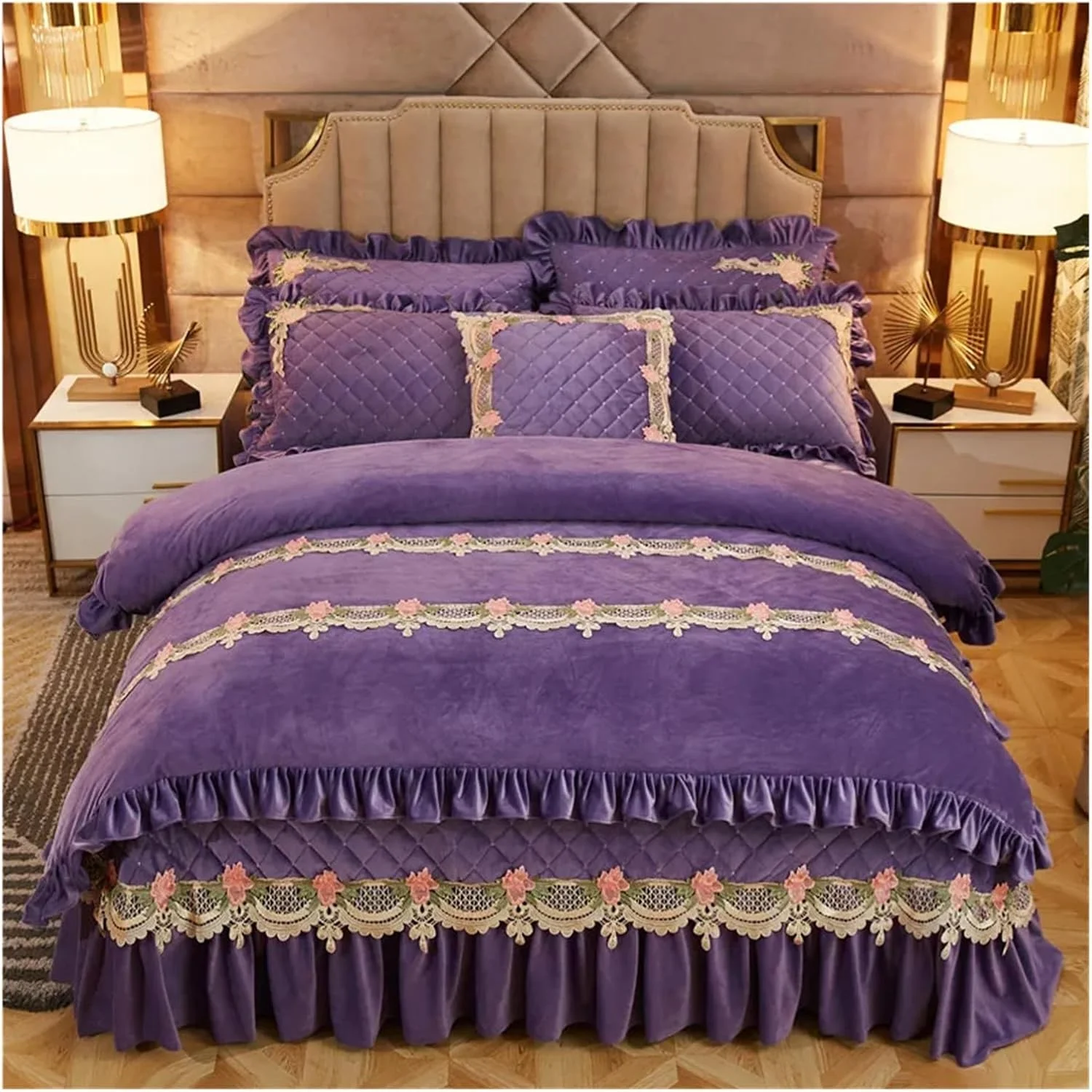 روکش لحاف مخملی پشمی نرم و گرم، روتختی ضخیم لحافی، روبالشتی دخترانه صورتی خاکستری شیک ست ملافه لوکس سایز کوئین کینگ، ست رختخواب لوکس (سایز کامل 4 تکه)