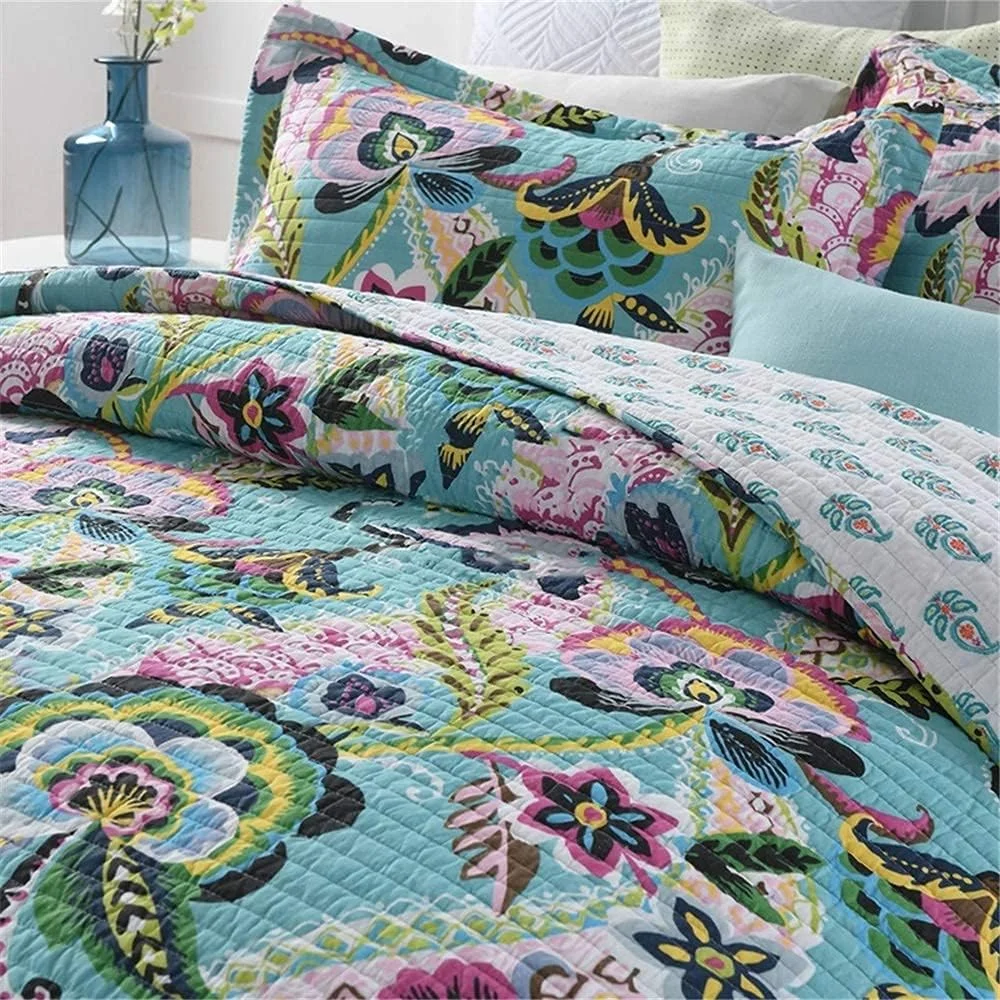 ست روتختی طرح گل بهاری 3 تکه، لحاف پنبه ای شسته شده دو رو، رو تختی و روبالشتی سایز کینگ مناسب فصل تابستان