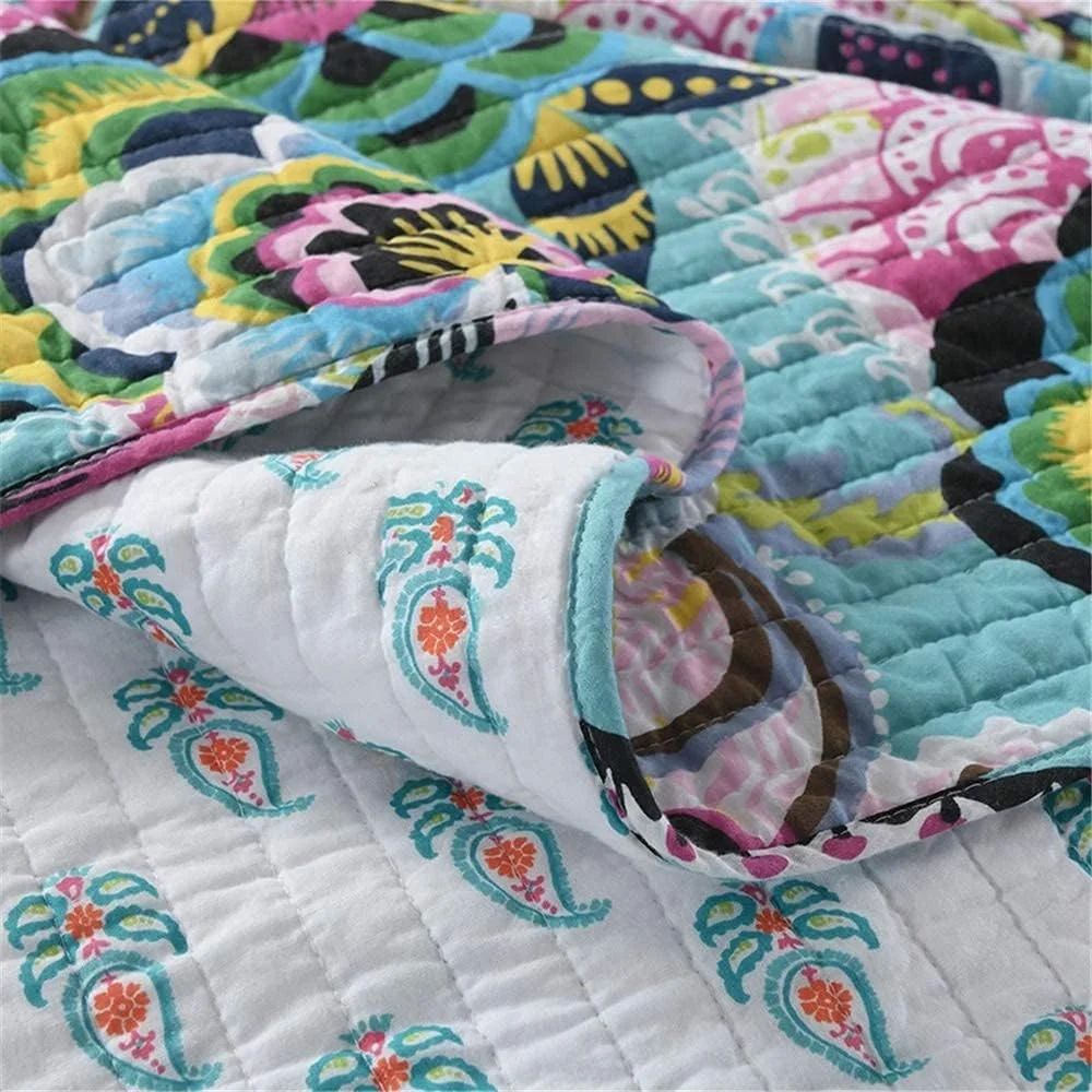 ست روتختی طرح گل بهاری 3 تکه، لحاف پنبه ای شسته شده دو رو، رو تختی و روبالشتی سایز کینگ مناسب فصل تابستان