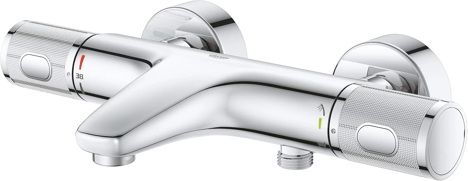 GROHE Precision Feel – ترموستاتیک روکار دیواری حمام CoolTouch (تغییر مسیر حمام/دوش، دستگیره آجدار، دکمه ایمنی در 38 درجه سانتیگراد، دکمه اقتصادی، صفحه فلزی)، اندازه 313 x 173 میلی متر، کروم، 34788000