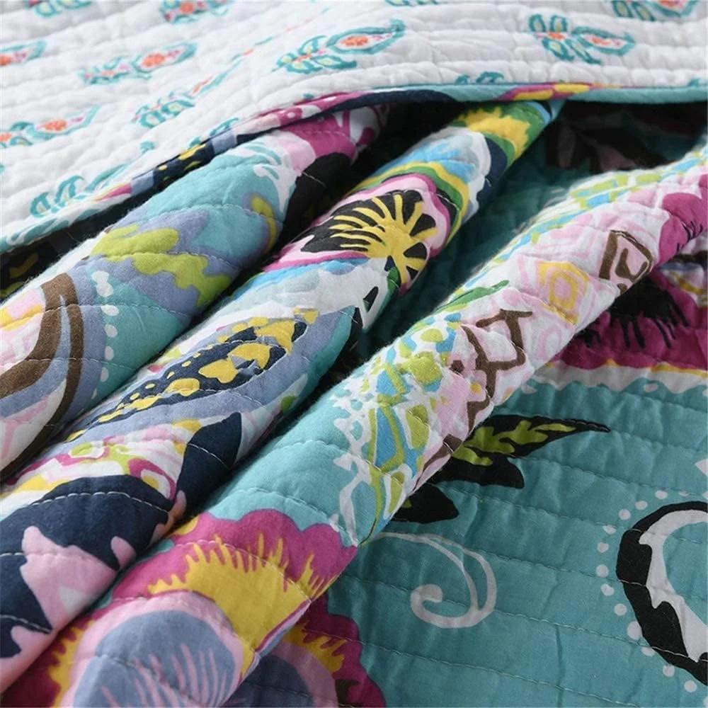 ست روتختی طرح گل بهاری 3 تکه، لحاف پنبه ای شسته شده دو رو، رو تختی و روبالشتی سایز کینگ مناسب فصل تابستان