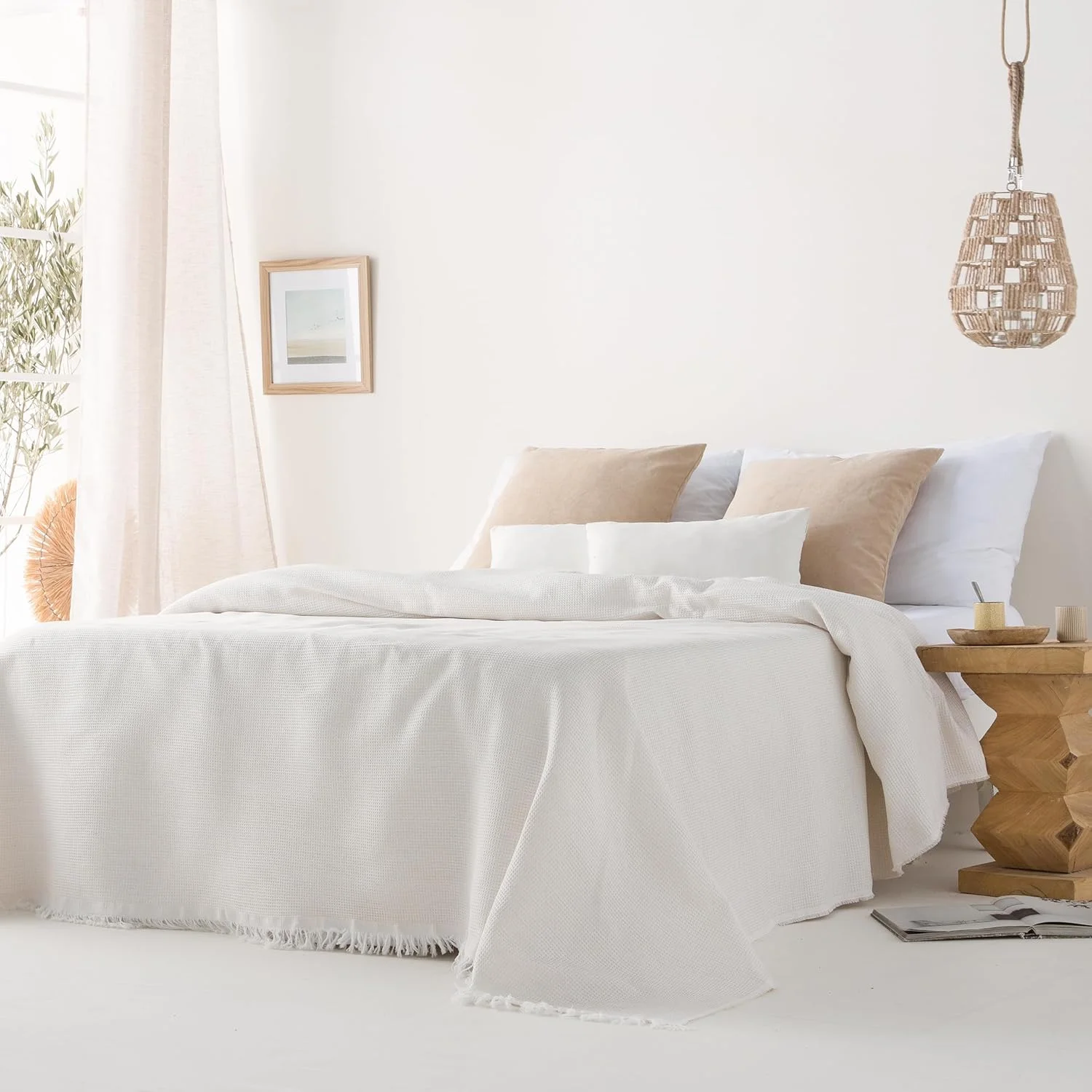 رو تختی چند منظوره GAMUSI برای تخت و مبل، پتو پلاد، روانداز مبل، نرم و تنفس پذیر، پنبه ای، لانه زنبوری، 180 x 140 سانتی متر، کرم