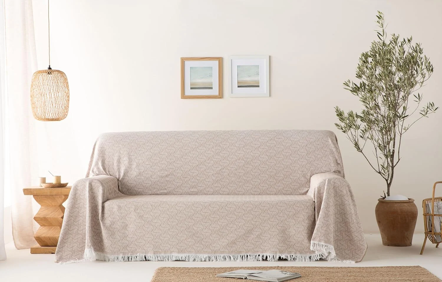 رو تختی چند منظوره GAMUSI برای تخت 135/150 سانتی متر و مبل. رو تختی پتو روانداز مبل 3 نفره نرم پنبه ای هندسی - 230 x 280 سانتی متر، بژ