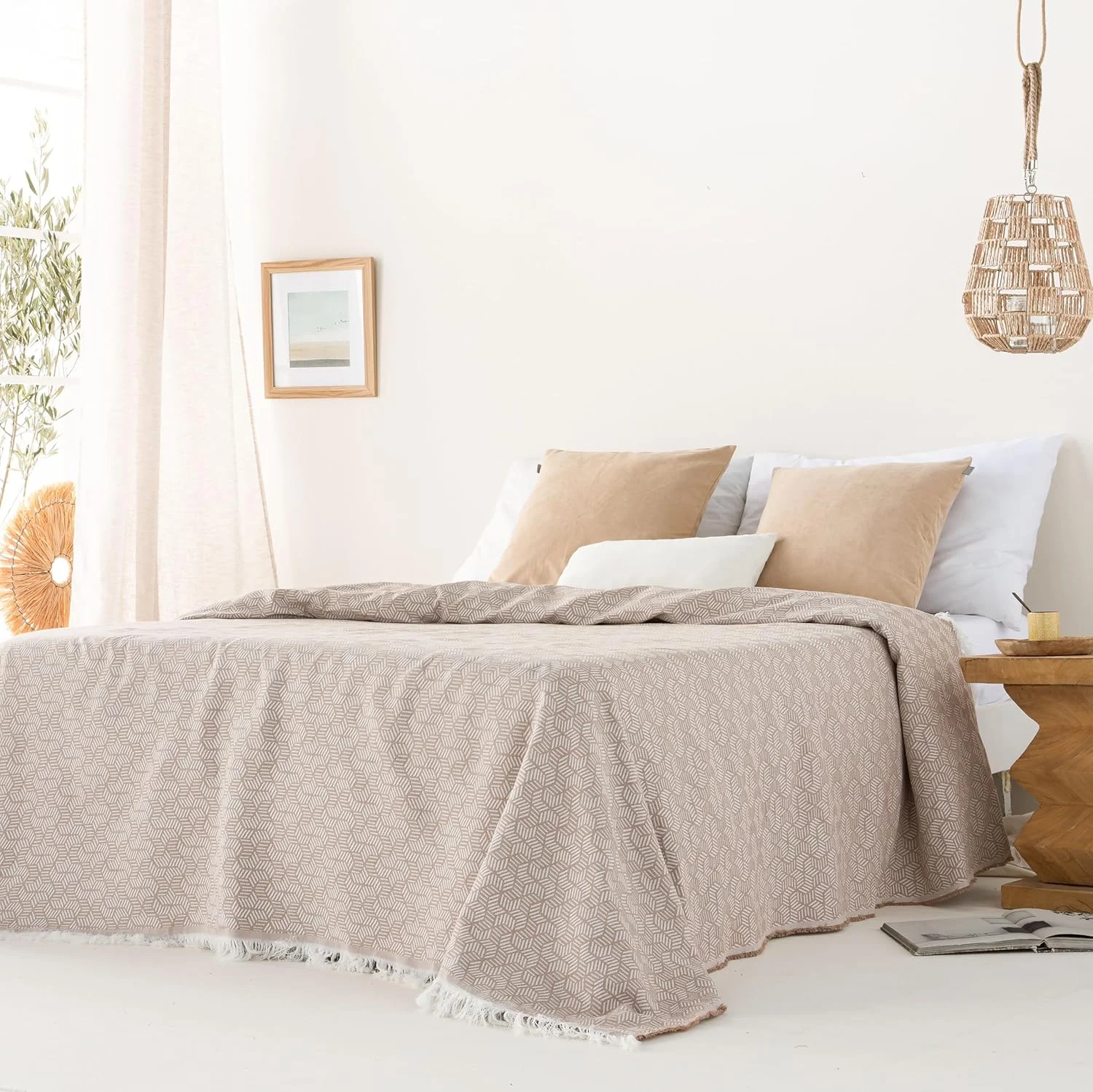 رو تختی چند منظوره GAMUSI برای تخت 135/150 سانتی متر و مبل. رو تختی پتو روانداز مبل 3 نفره نرم پنبه ای هندسی - 230 x 280 سانتی متر، بژ