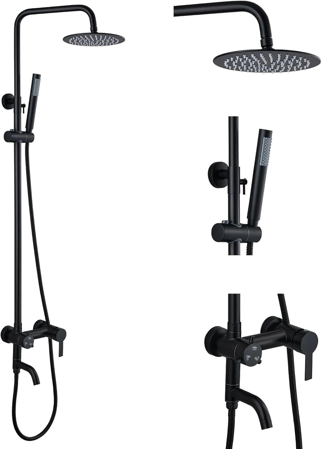 مجموعه سیستم دوش gotonovo با اسپری دستی و خروجی آب وان، استیل ضد زنگ مشکی مات، دسته استوانه ای، سر دوش بارانی 8 اینچی، شیر دوش حمام، نصب دیواری، سه عملکرد مجموعه سیستم دوش gotonovo با اسپری دستی و خروجی آب وان، استیل ضد زنگ مشکی مات، دسته استوانه ای، سر دوش بارانی 8 اینچی، شیر دوش حمام، نصب دیواری، سه عملکرد