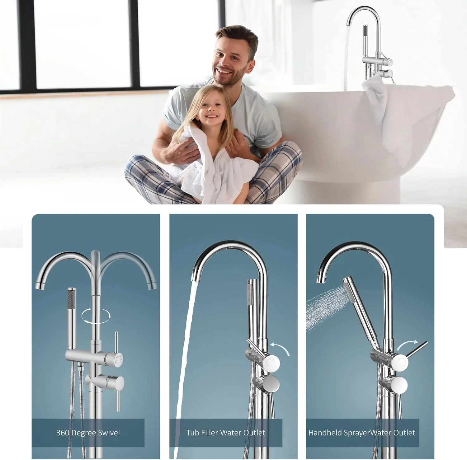 شیر حمام ایستاده آولمی، شیر پرکن وان، شیرآلات دوش با جریان بالا، شیرآلات مخلوط دوش، خروجی گردن غازی چرخان با گوشی دستی استوانه ای، کروم پولیش شیر حمام ایستاده آولمی، شیر پرکن وان، شیرآلات دوش با جریان بالا، شیرآلات مخلوط دوش، خروجی گردن غازی چرخان با گوشی دستی استوانه ای، کروم پولیش