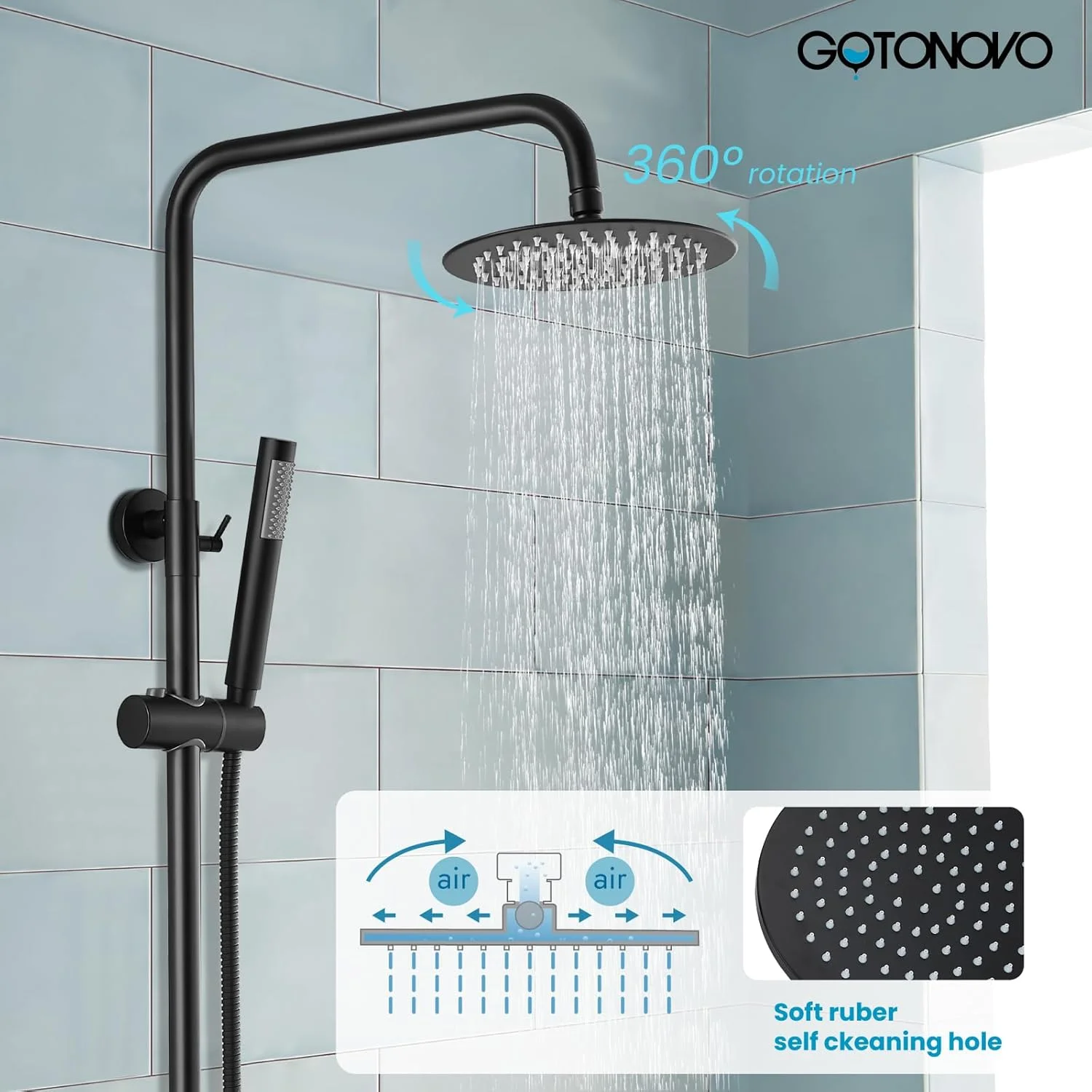 مجموعه سیستم دوش gotonovo با اسپری دستی و خروجی آب وان، استیل ضد زنگ مشکی مات، دسته استوانه ای، سر دوش بارانی 8 اینچی، شیر دوش حمام، نصب دیواری، سه عملکرد مجموعه سیستم دوش gotonovo با اسپری دستی و خروجی آب وان، استیل ضد زنگ مشکی مات، دسته استوانه ای، سر دوش بارانی 8 اینچی، شیر دوش حمام، نصب دیواری، سه عملکرد