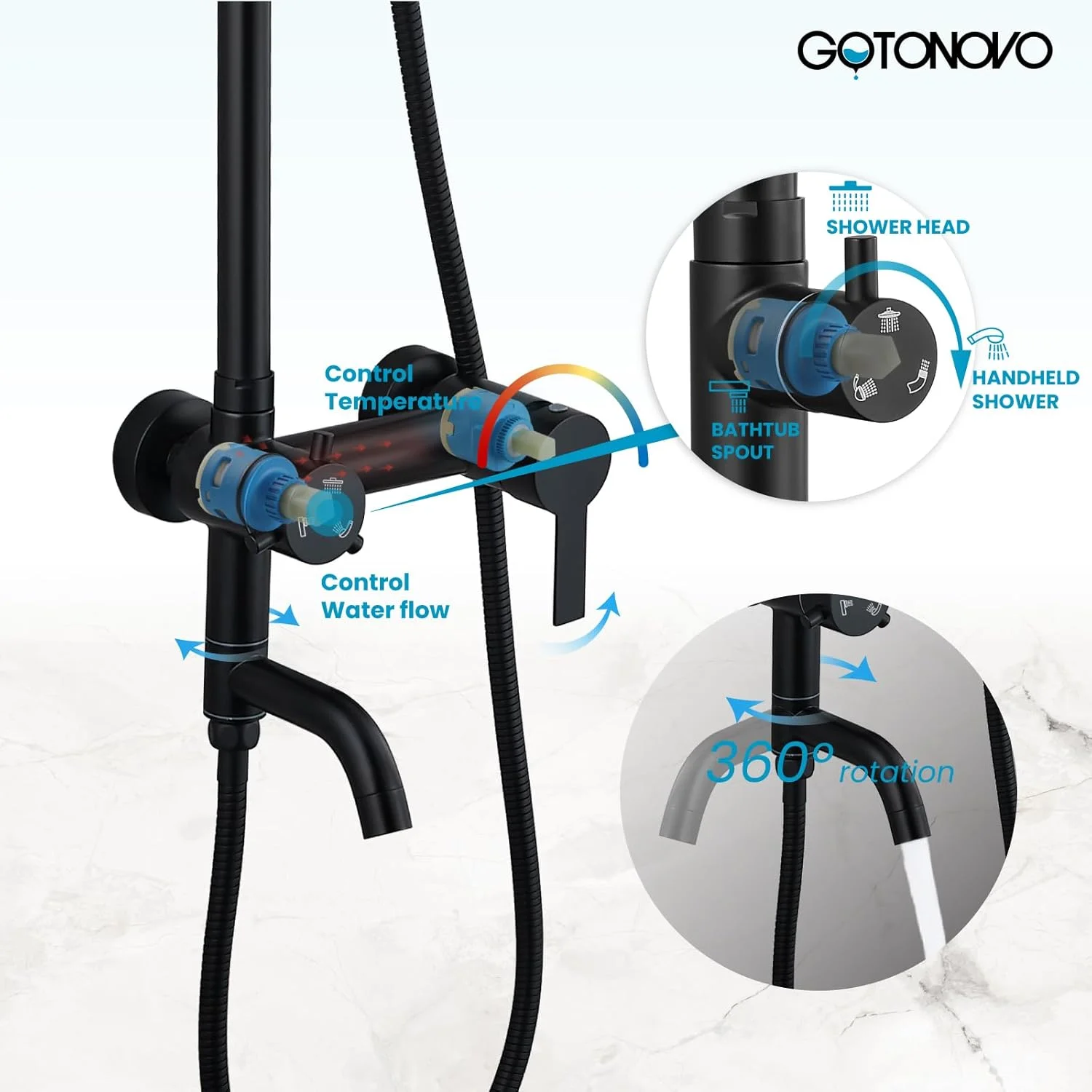 مجموعه سیستم دوش gotonovo با اسپری دستی و خروجی آب وان، استیل ضد زنگ مشکی مات، دسته استوانه ای، سر دوش بارانی 8 اینچی، شیر دوش حمام، نصب دیواری، سه عملکرد مجموعه سیستم دوش gotonovo با اسپری دستی و خروجی آب وان، استیل ضد زنگ مشکی مات، دسته استوانه ای، سر دوش بارانی 8 اینچی، شیر دوش حمام، نصب دیواری، سه عملکرد