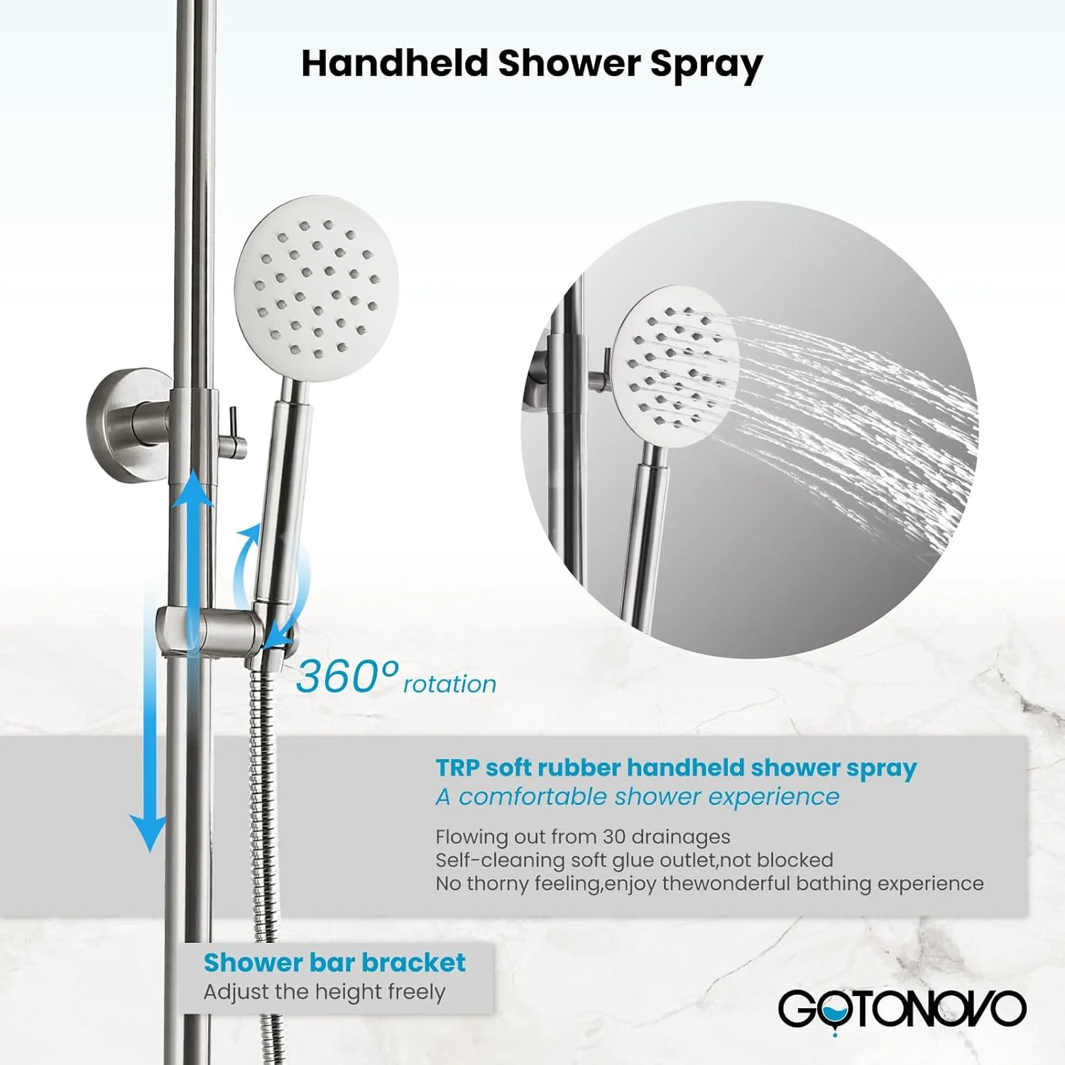 ست شیرآلات دوش گوتونوو، سیستم دوش بارانی استیل ضد زنگ SUS 304، سه عملکردی با دوش بارانی 8 اینچی، اسپری دوش دستی قابل تنظیم، نیکل برس خورده