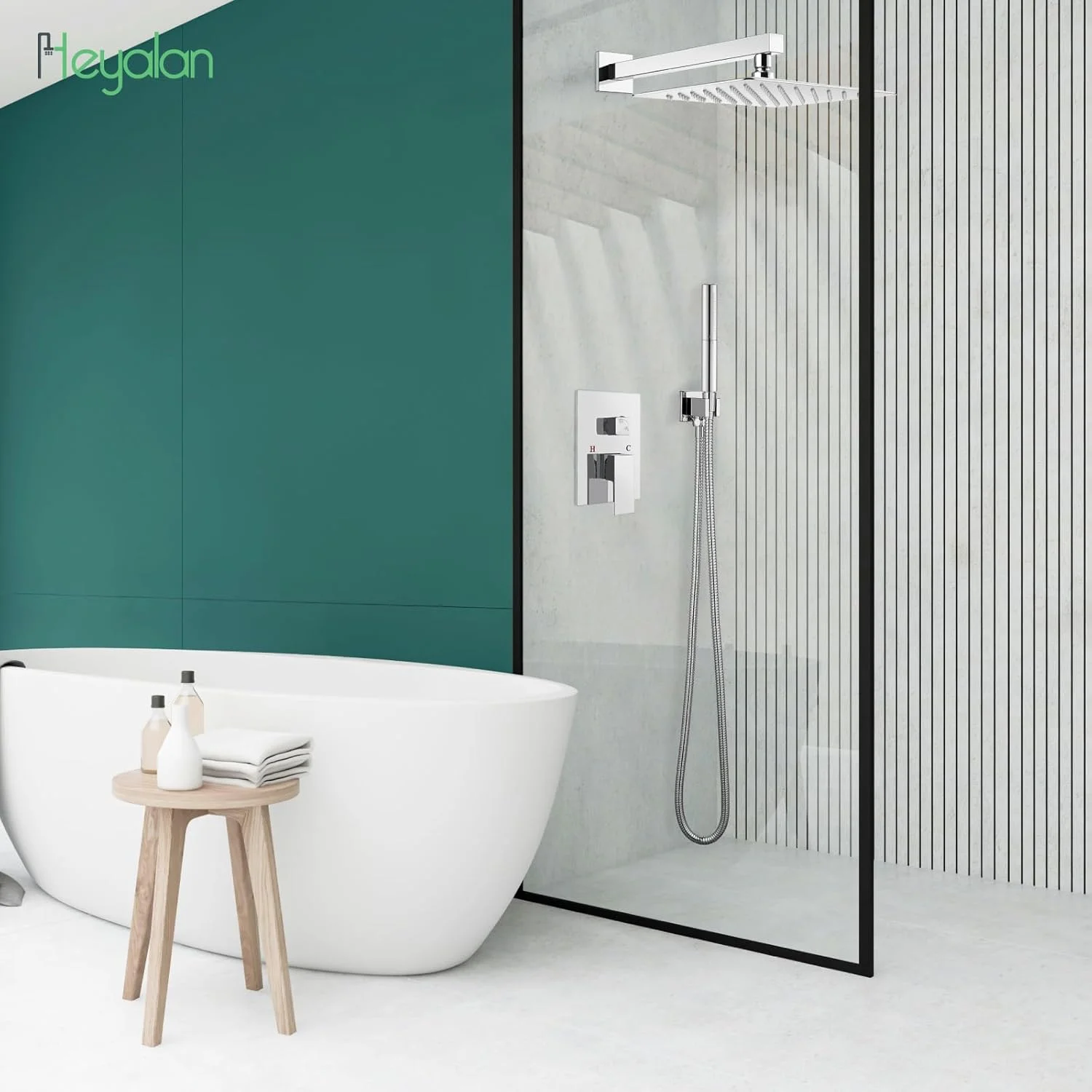 سیستم دوش هیلان، کروم براق، سر دوش بارانی 10 اینچی مربعی، ست شیرآلات دوش بارانی، ست ترکیبی حمام با اسپری دستی 2 در 1، عملکرد دوگانه، شیرآلات داخلی، نصب دیواری سیستم دوش هیلان، کروم براق، سر دوش بارانی 10 اینچی مربعی، ست شیرآلات دوش بارانی، ست ترکیبی حمام با اسپری دستی 2 در 1، عملکرد دوگانه، شیرآلات داخلی، نصب دیواری