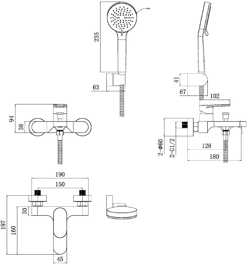 ست شیر دوش حمام میلانو لیرا - روکش کروم | سیستم دوش بارانی دیواری | شیرآلات حمام برنجی جامد | شیر روشویی مدرن | لوازم حمام
