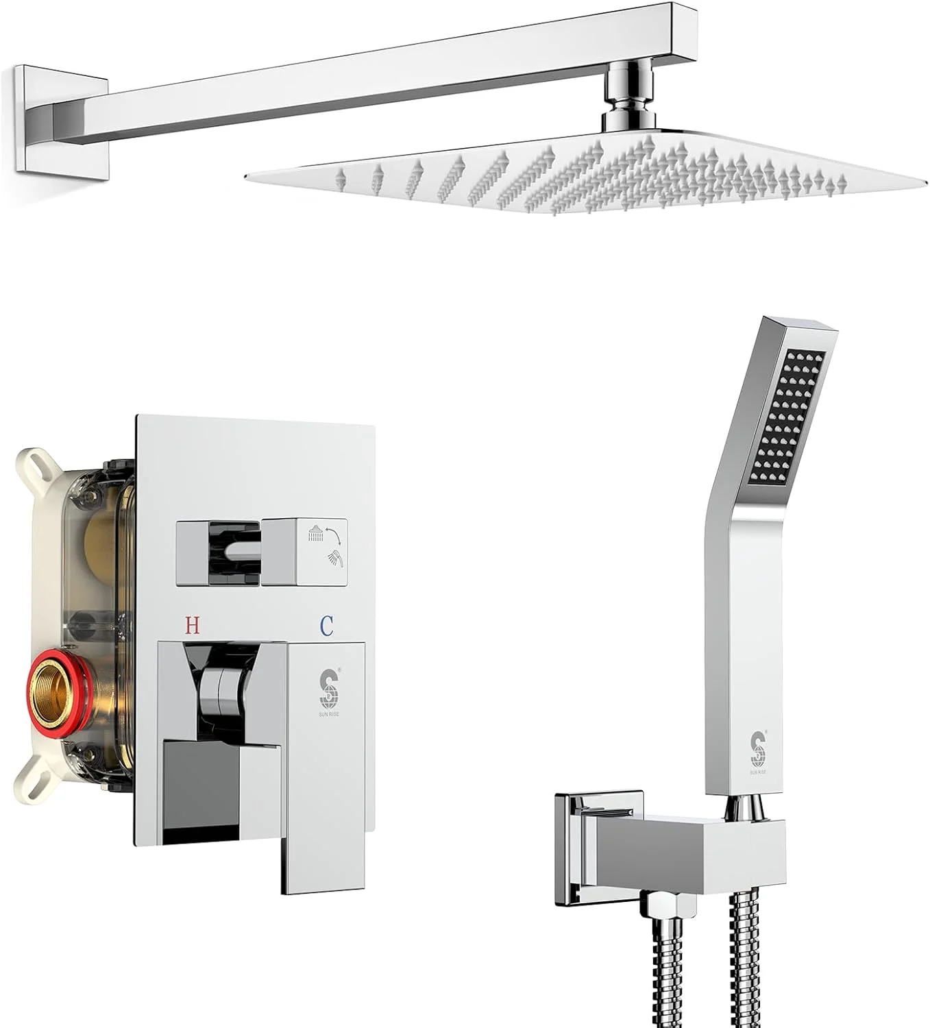 ست شیرآلات دوش حمام لوکس SR SUN RISE مدل SRSH-F5043، سیستم دوش بارانی دیواری با روکش کروم براق (شامل بدنه و تریم شیرآلات) ست شیرآلات دوش حمام لوکس SR SUN RISE مدل SRSH-F5043، سیستم دوش بارانی دیواری با روکش کروم براق (شامل بدنه و تریم شیرآلات)
