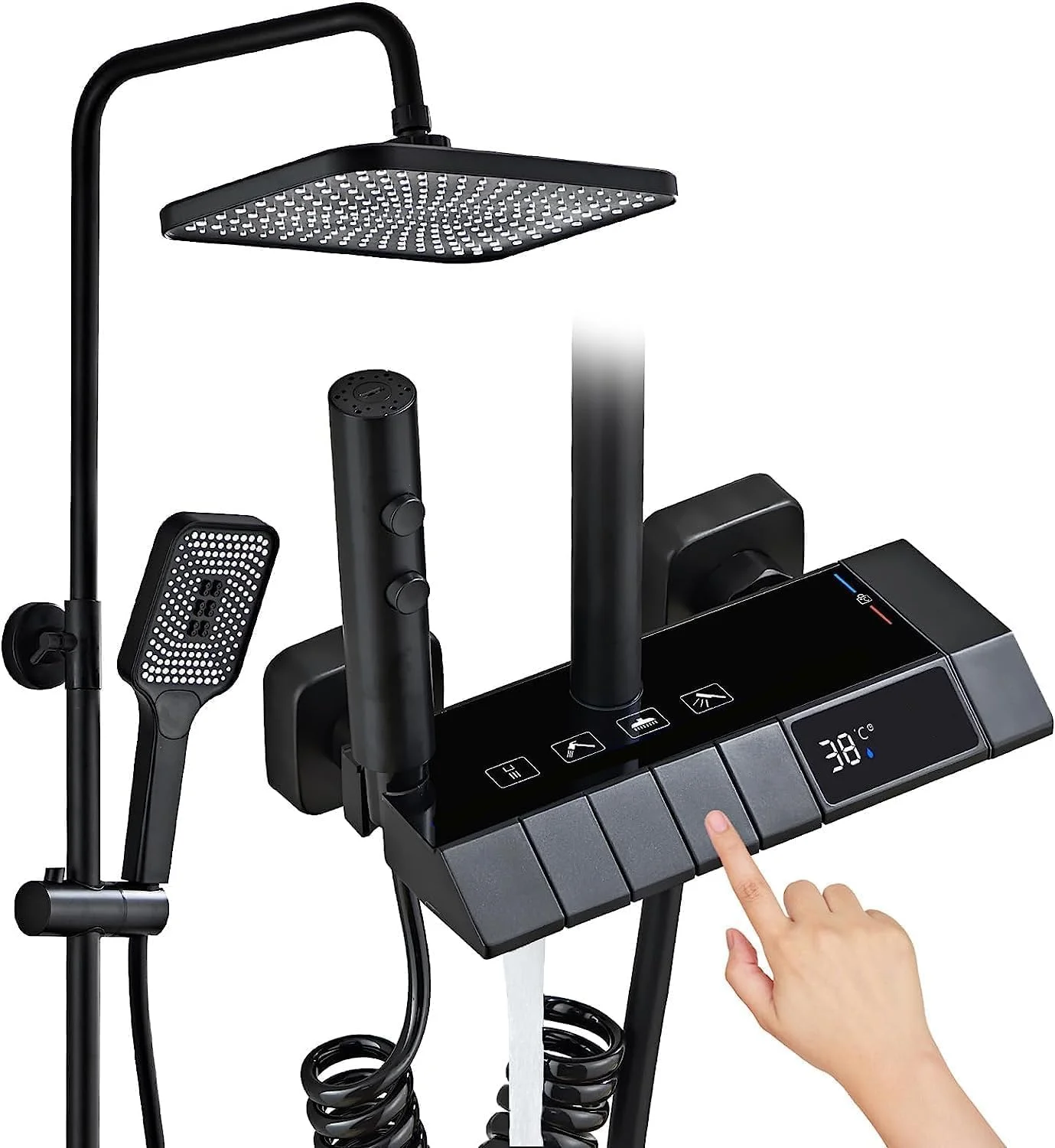 ست دوش مشکی کول بیبی با نمایشگر دیجیتال LED، ست ترکیبی مخلوط کن بارانی دیواری، شیرآلات 4 طرفه با سر دوش بارانی 12 اینچی، دستی 3 حالته و بیده ست دوش مشکی کول بیبی با نمایشگر دیجیتال LED، ست ترکیبی مخلوط کن بارانی دیواری، شیرآلات 4 طرفه با سر دوش بارانی 12 اینچی، دستی 3 حالته و بیده