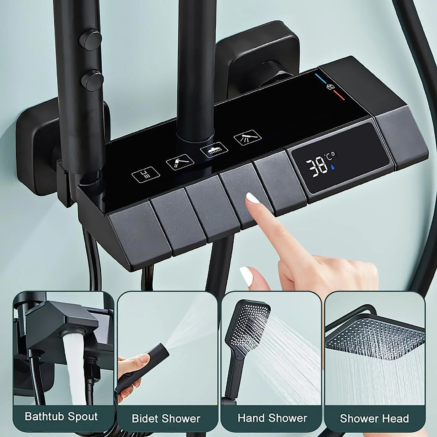 ست دوش مشکی کول بیبی با نمایشگر دیجیتال LED، ست ترکیبی مخلوط کن بارانی دیواری، شیرآلات 4 طرفه با سر دوش بارانی 12 اینچی، دستی 3 حالته و بیده ست دوش مشکی کول بیبی با نمایشگر دیجیتال LED، ست ترکیبی مخلوط کن بارانی دیواری، شیرآلات 4 طرفه با سر دوش بارانی 12 اینچی، دستی 3 حالته و بیده